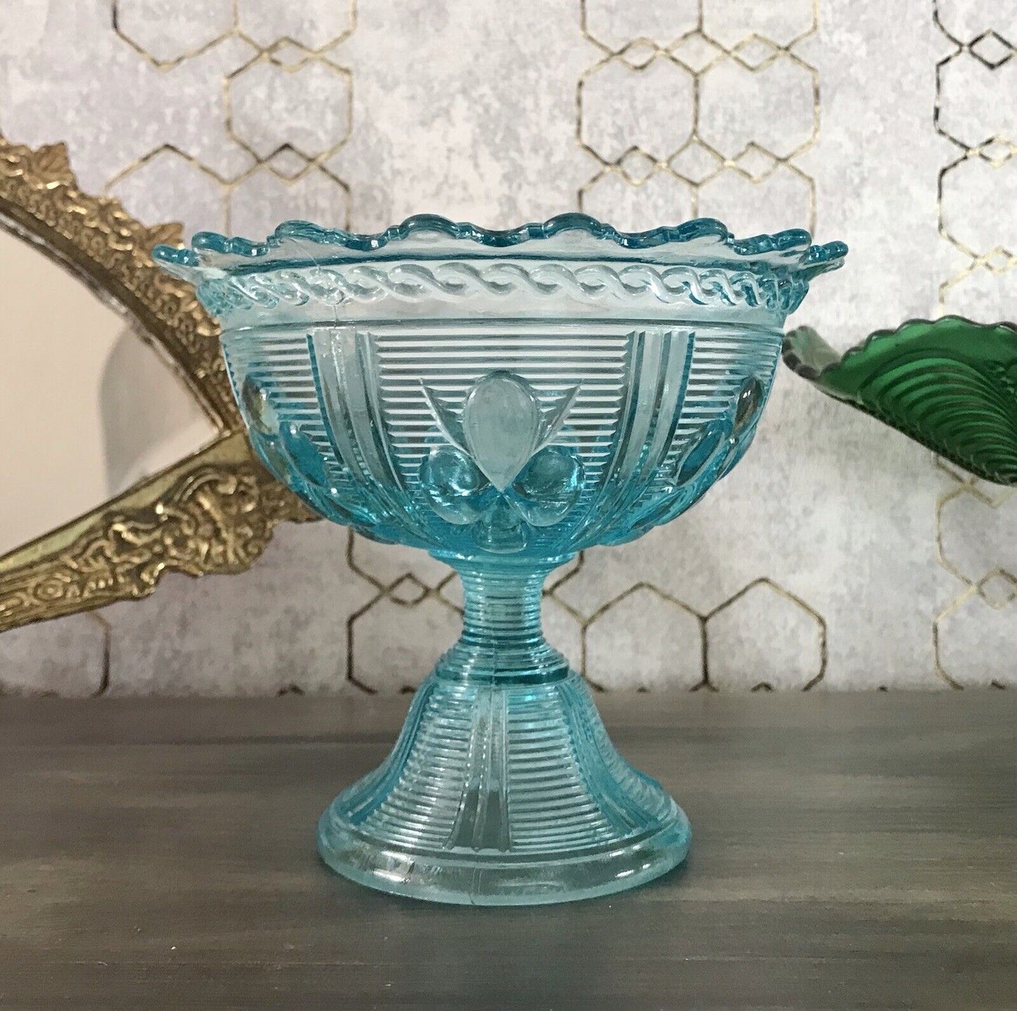 Antik Jugendstil Art Déco Pressglas Schale Fußschale Zuckerschale blau türkis