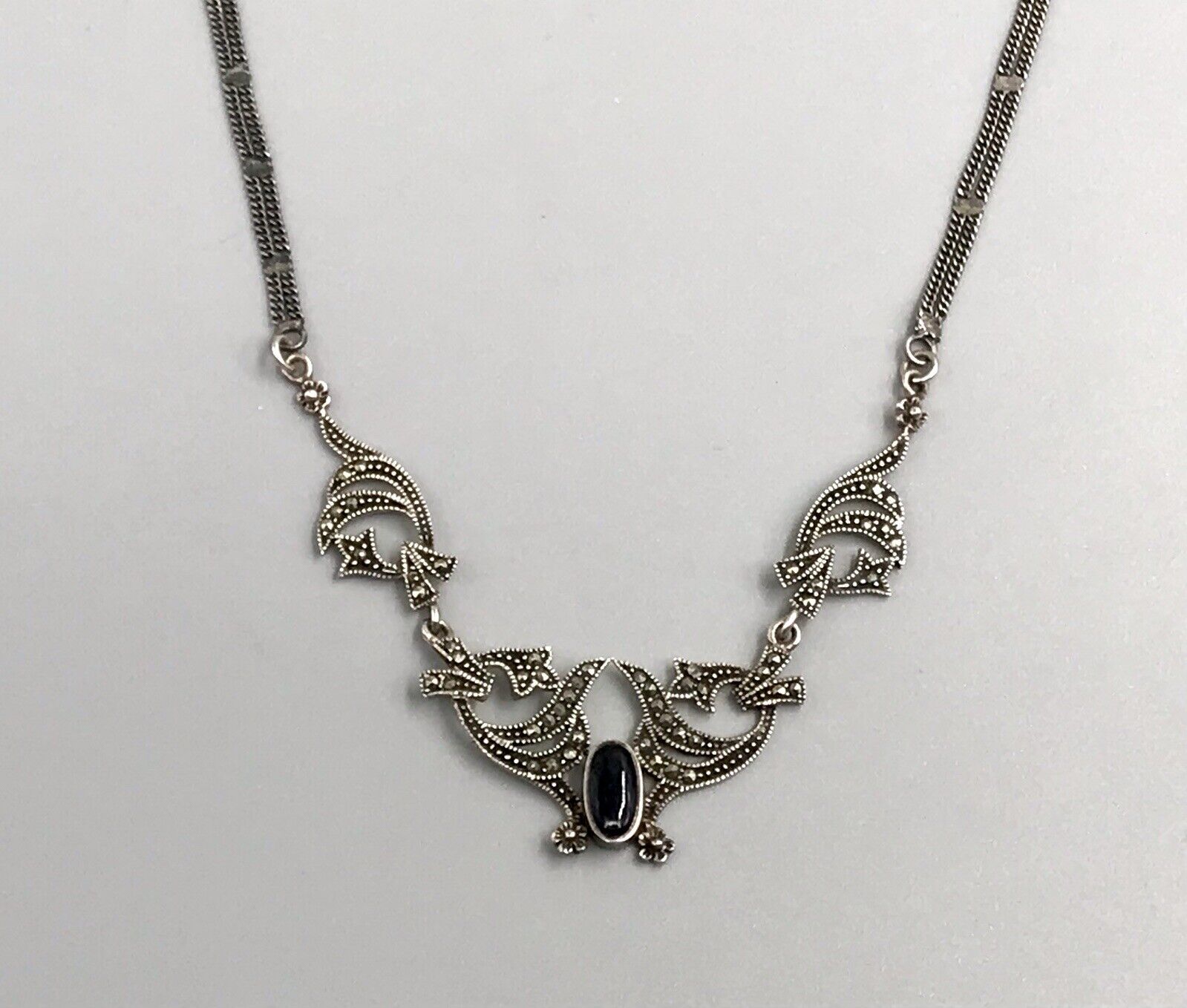 Antik Edel Jugendstil Art Déco 925 Silber Collier Halskette mit Onyx & Markasite