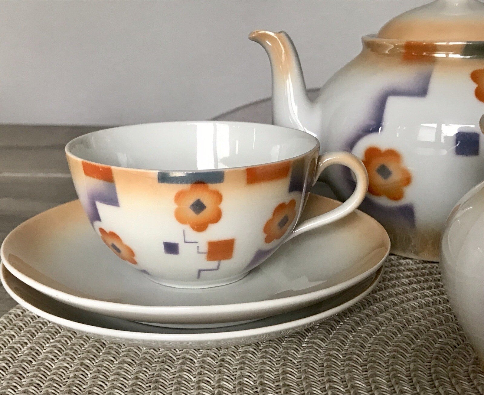 Antik Art Déco Porzellan Kaffeeservice Spritzdekor Moccaservice