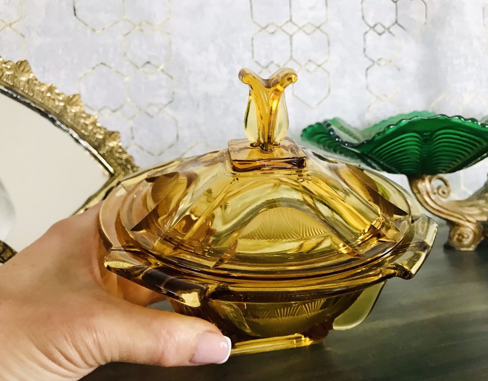 Antik Art Déco Dose Glasdose Pressglas Bernstein Gelb Amber