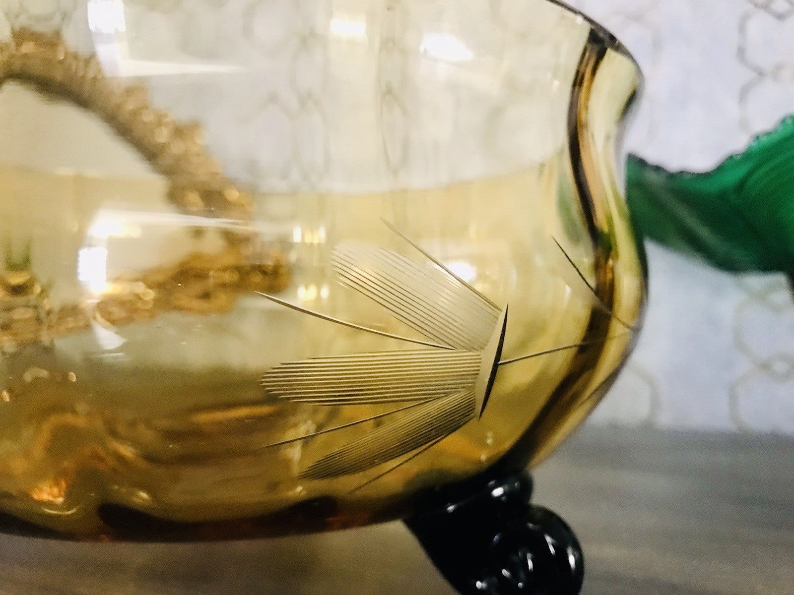Antik Art Déco Schale Glasschale Bernstein Gelb schwarz Glas gerippt & Schliff