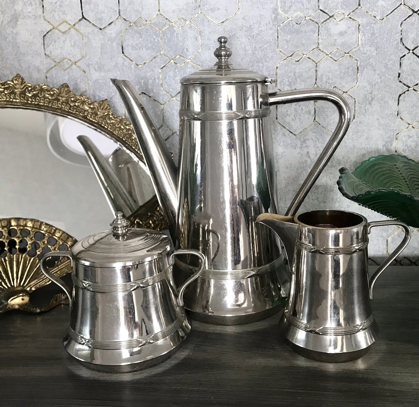Antik Jugendstil Kaffee Kernstück Zuckerdose Rahmgießer Kanne vernickelt?