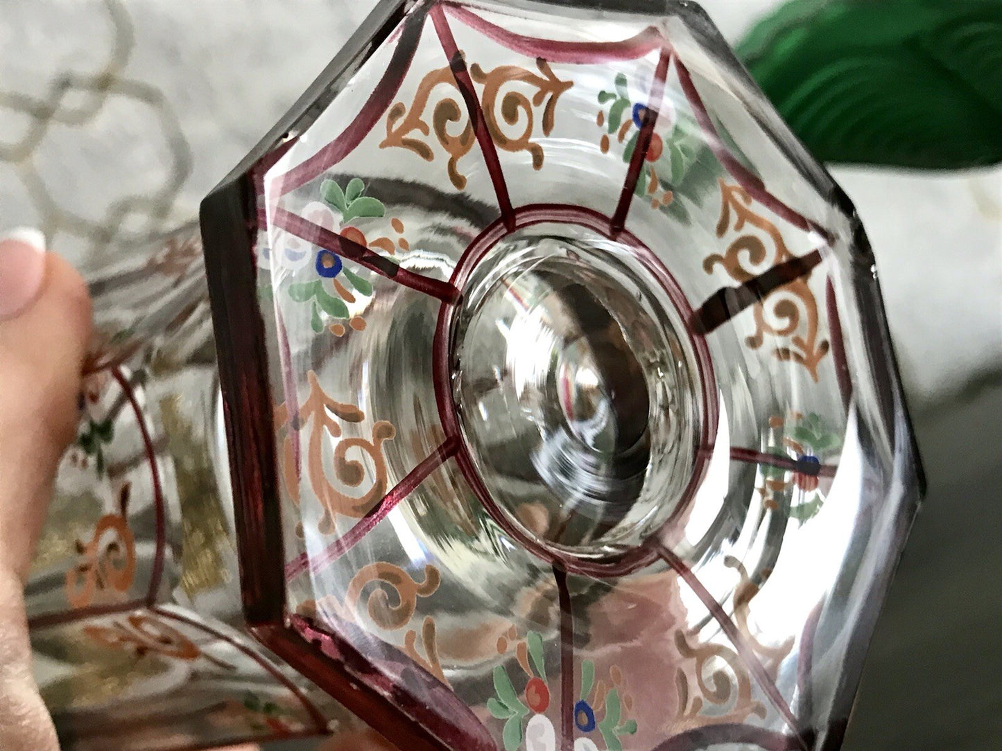 Antikisiert Replik Böhmisch Biedermeier Email-Malerei Glas Fußbecher bemalt