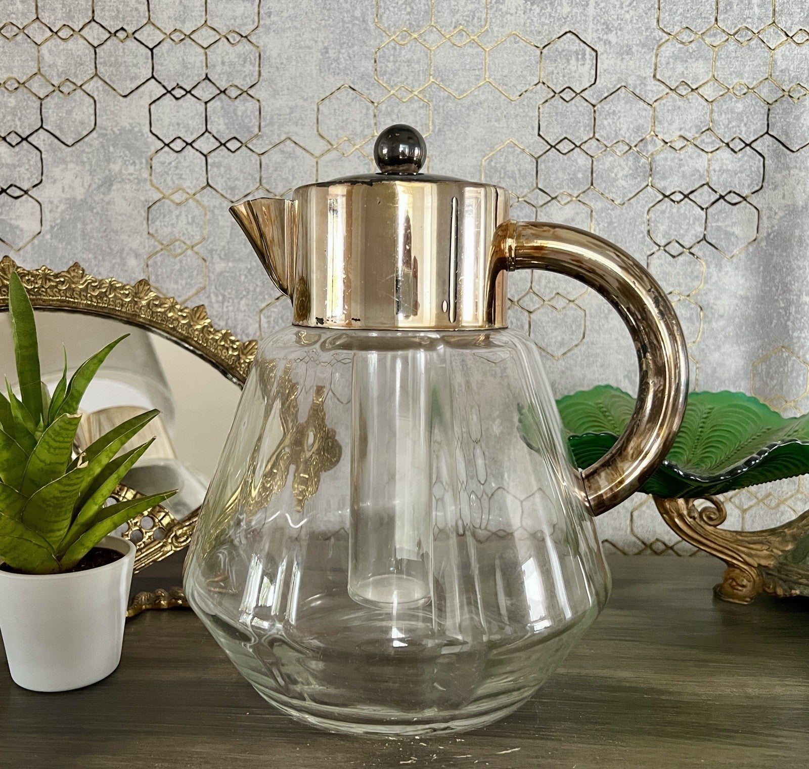 Antik Art Dèco DRGM Karaffe Kalte Ente  Glas optisch gerippt versilberte Montur