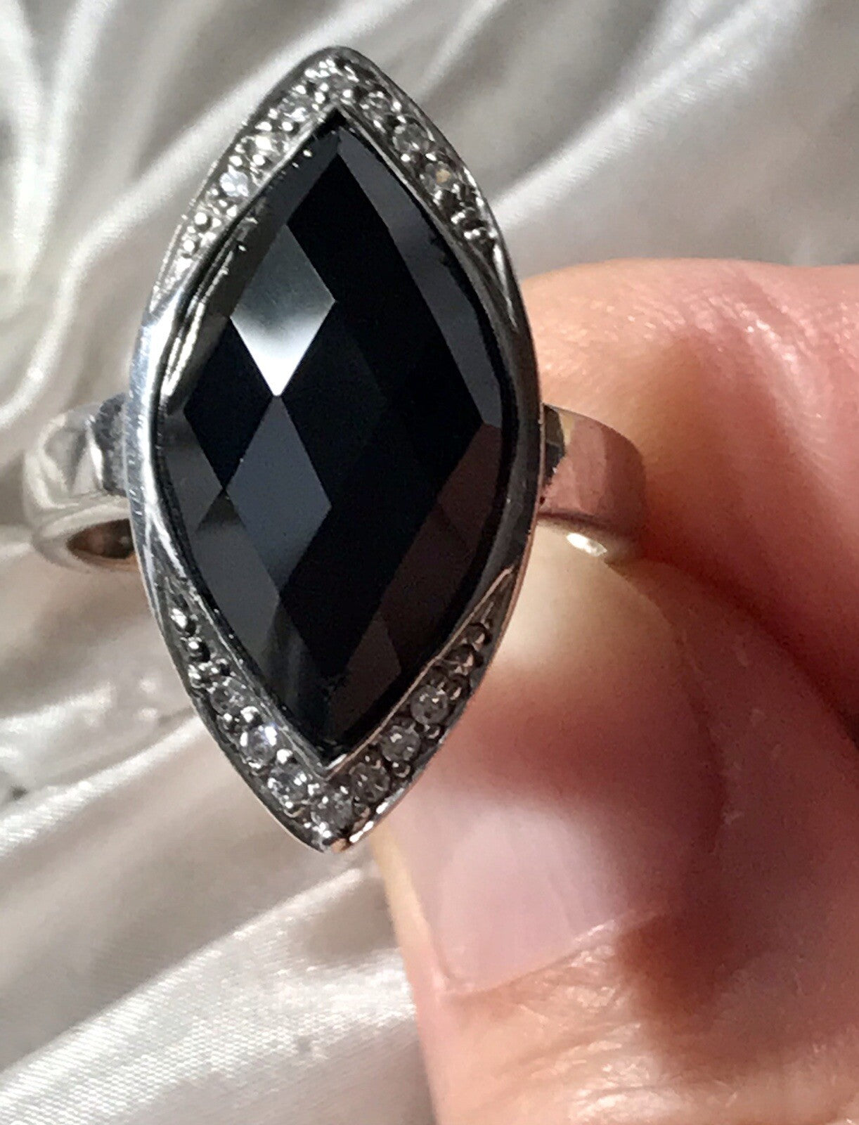 Vintage Onyx? & farblose Steine DAMEN RING Silber 925 Gr.57 58 Schiffchen