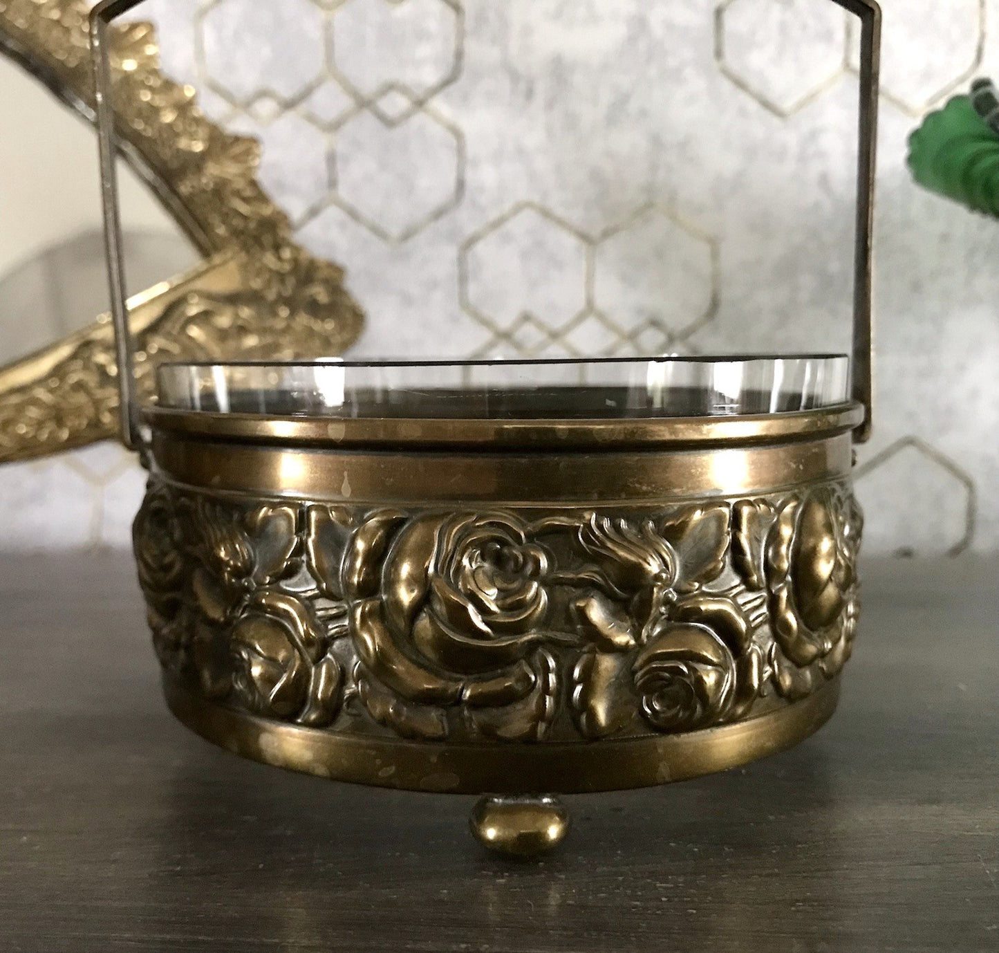 Antik Jugendstil Art  Déco Messing Montur Rosen Schale Bonboniere Glaseinsatz