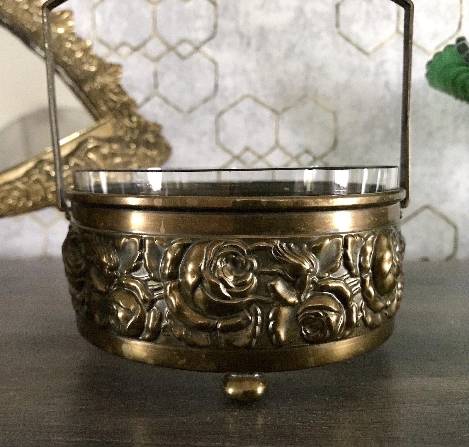 Antik Jugendstil Art  Déco Messing Montur Rosen Schale Bonboniere Glaseinsatz