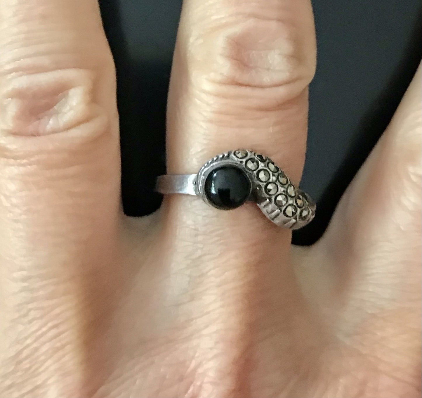 Antik? alt Art Déco Edel Onyx Markasite DAMEN RING Silber 925 Gr.57