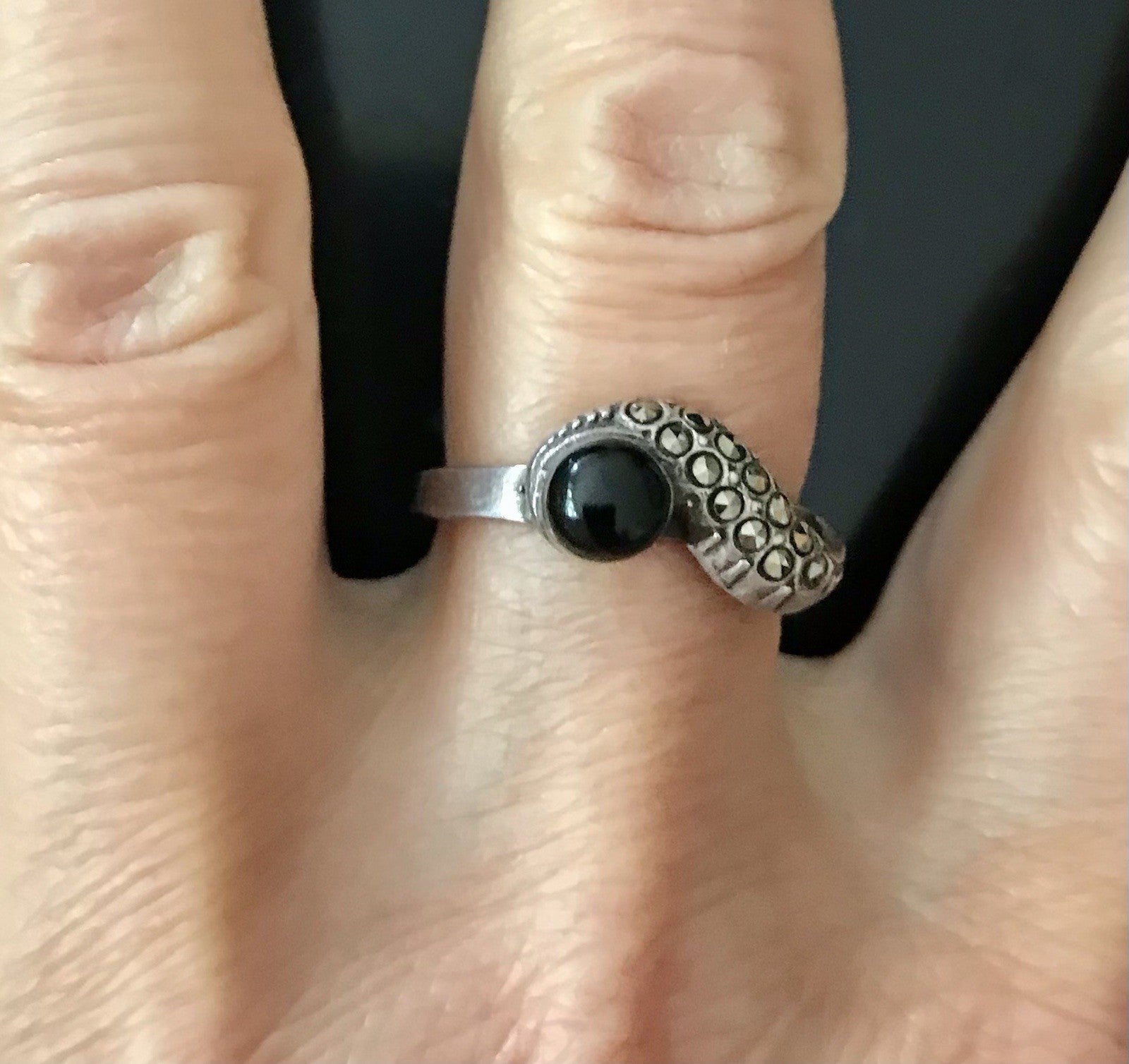 Antik? alt Art Déco Edel Onyx Markasite DAMEN RING Silber 925 Gr.57