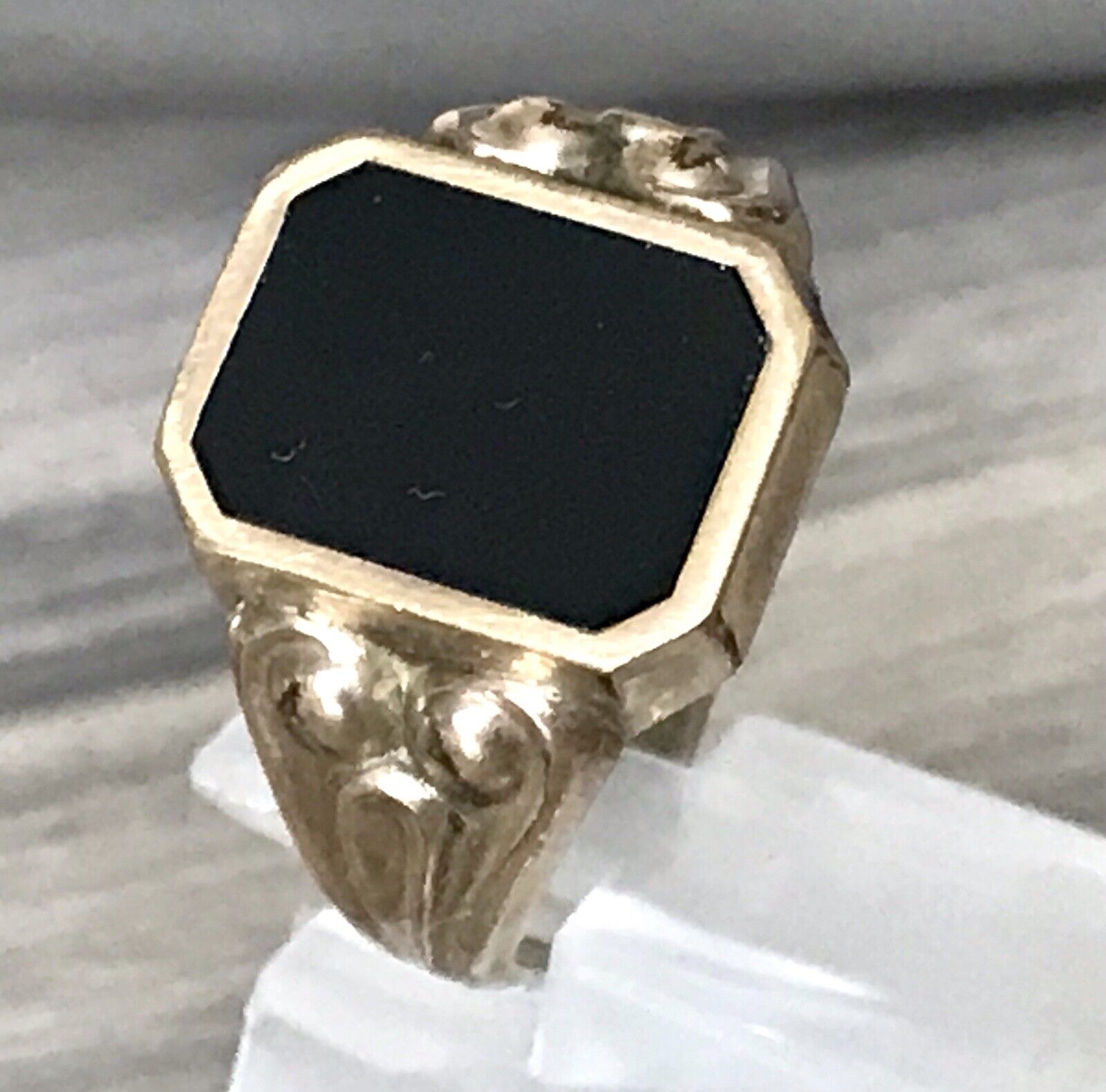 Antik vergoldeter Jugendstil RING Siegelring schwarzer Onyx Silber Gr.59 60