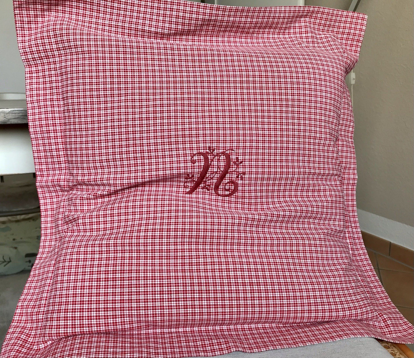 Antik? Vintage Alt Kopfkissen Bezug Baumwolle Monogramm N Stehsaum rot kariert