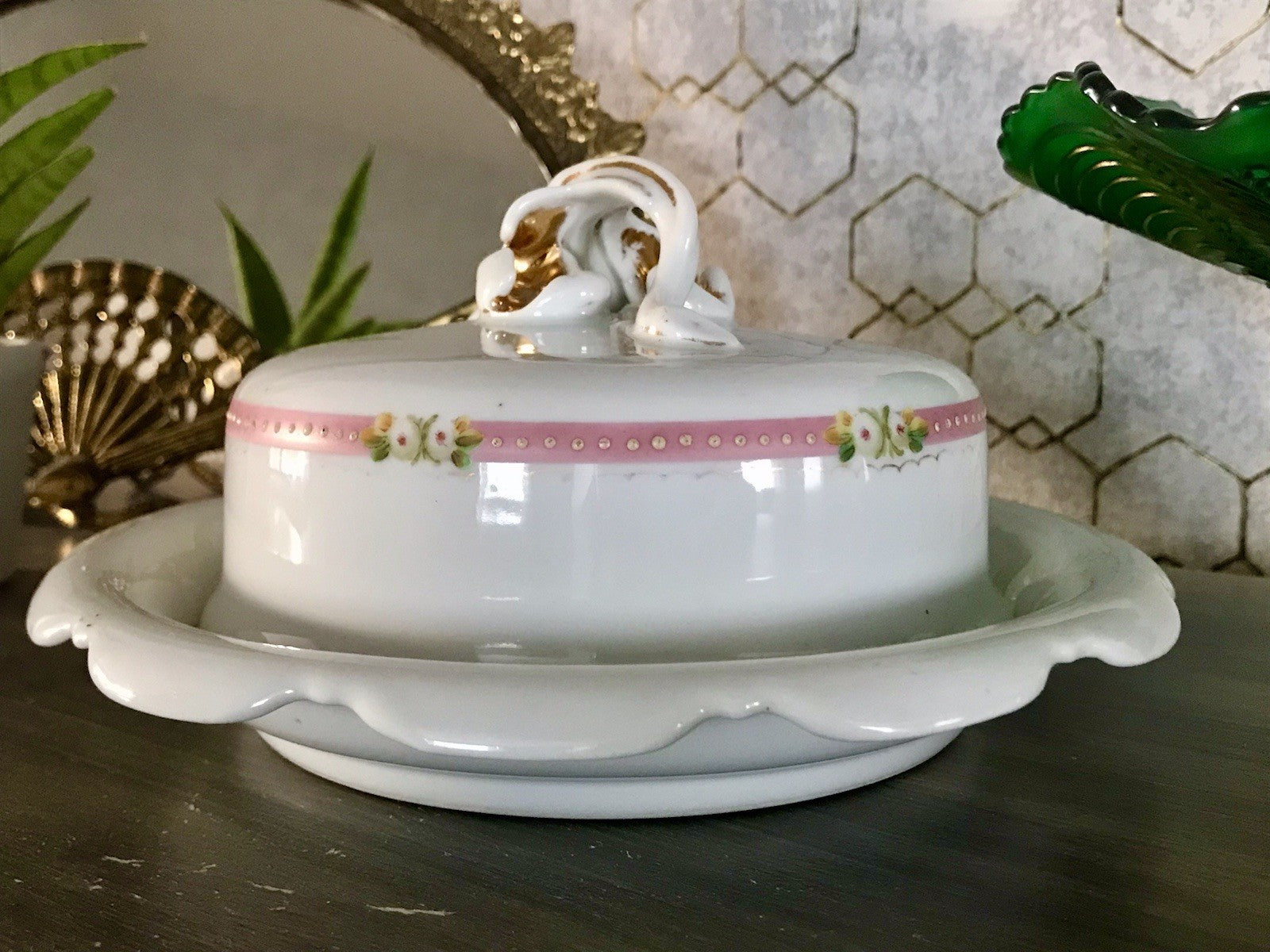 Antik Biedermeier Porzellan Butterdose Dose Handbemalung weiß rosa gold
