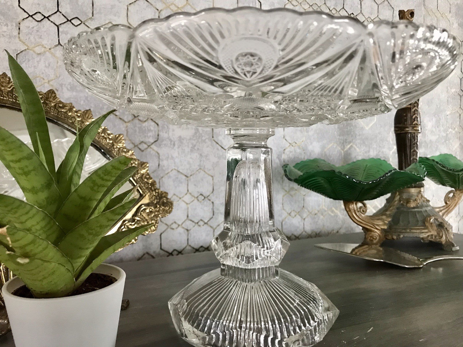 Antik Art Déco Pressglas Glas Schale Fußschale Tafelaufsatz Brockwitz Imperial