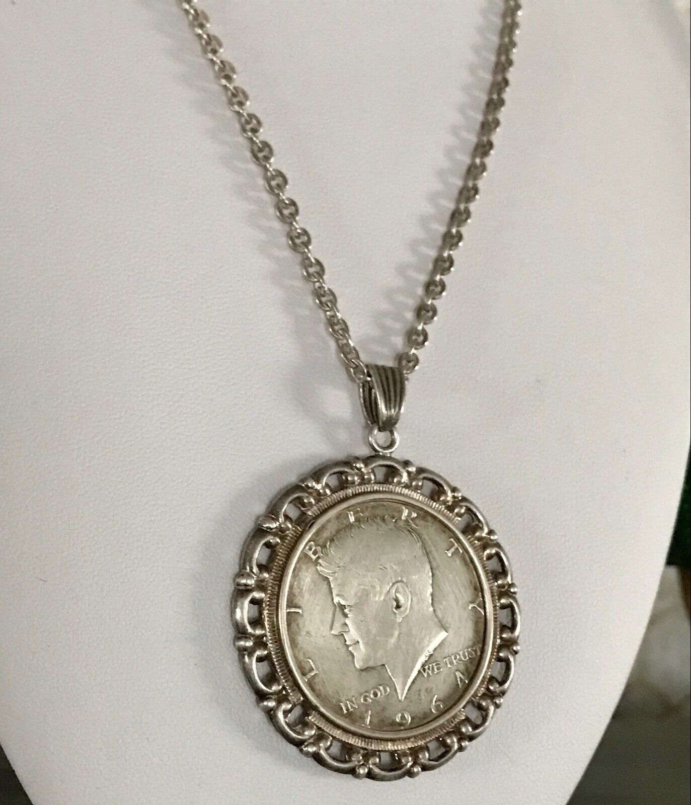 Vintage Halskette Kette Kennedy Münzanhänger Anhänger Kettenanhänger Silber 835