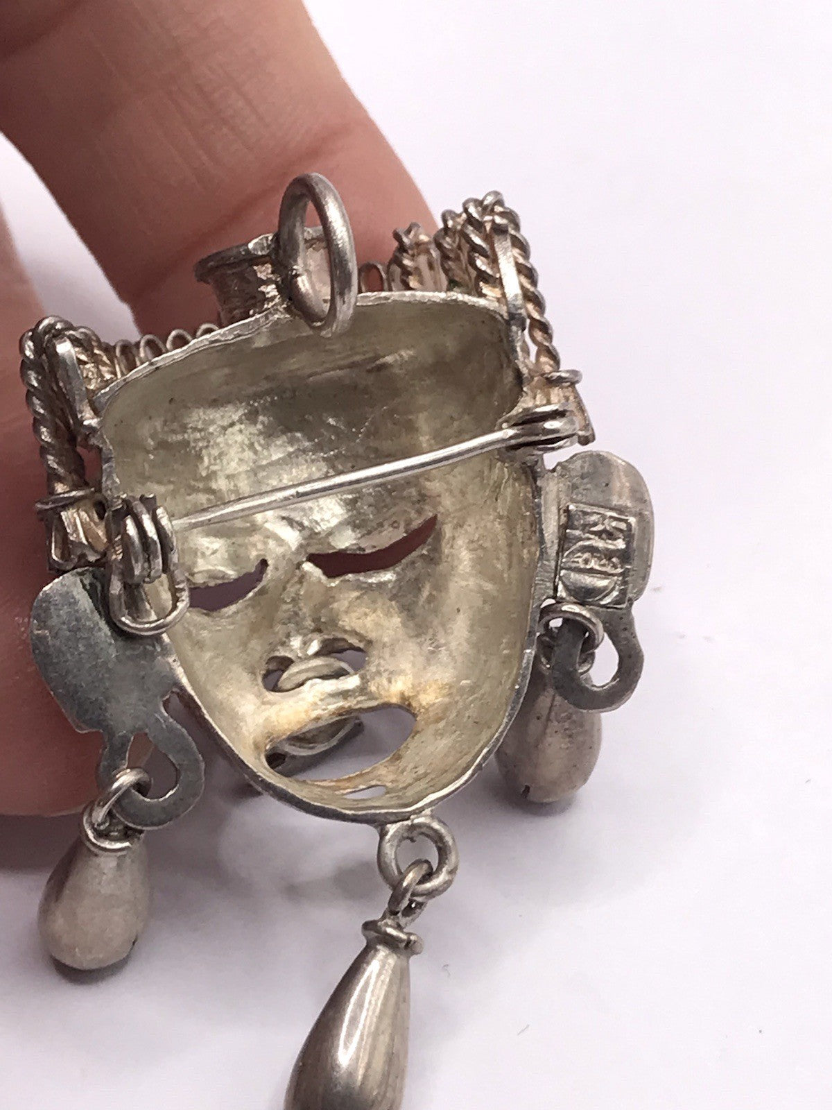 Vintage Azteken Kopf Ethno Maya 2in1 Anhänger Kettenanhänger Brosche 925 Silber