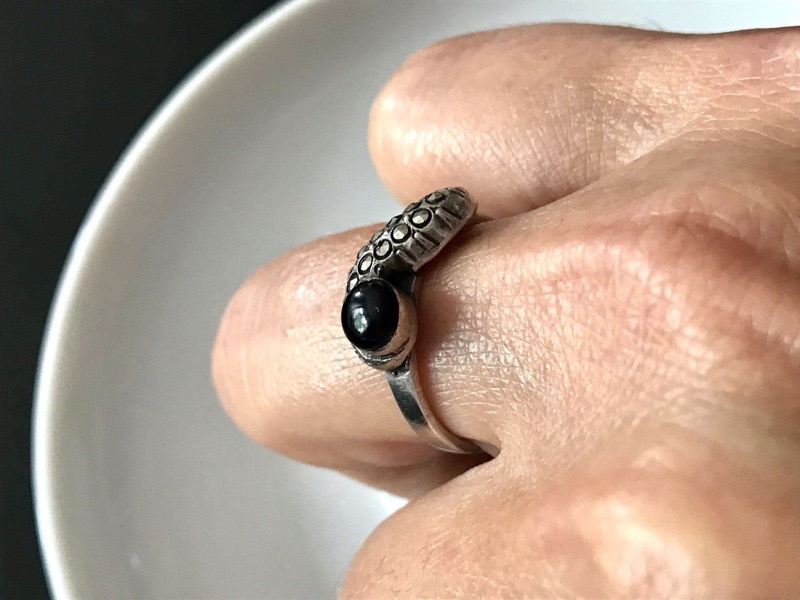 Antik? alt Art Déco Edel Onyx Markasite DAMEN RING Silber 925 Gr.57