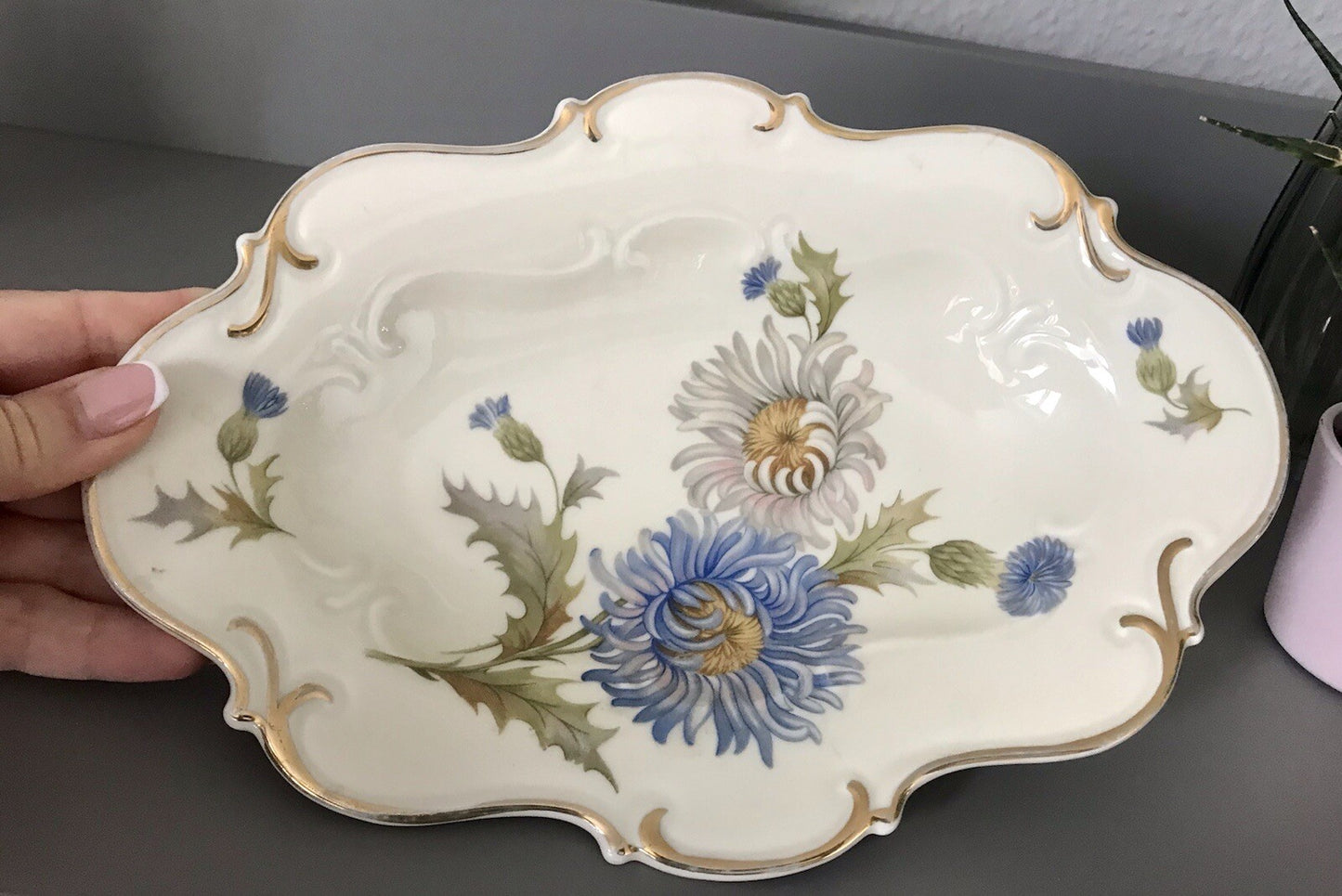 Antik Art Déco Porzellan Schale Zierschale Carstens Sorau Distel Ingrid
