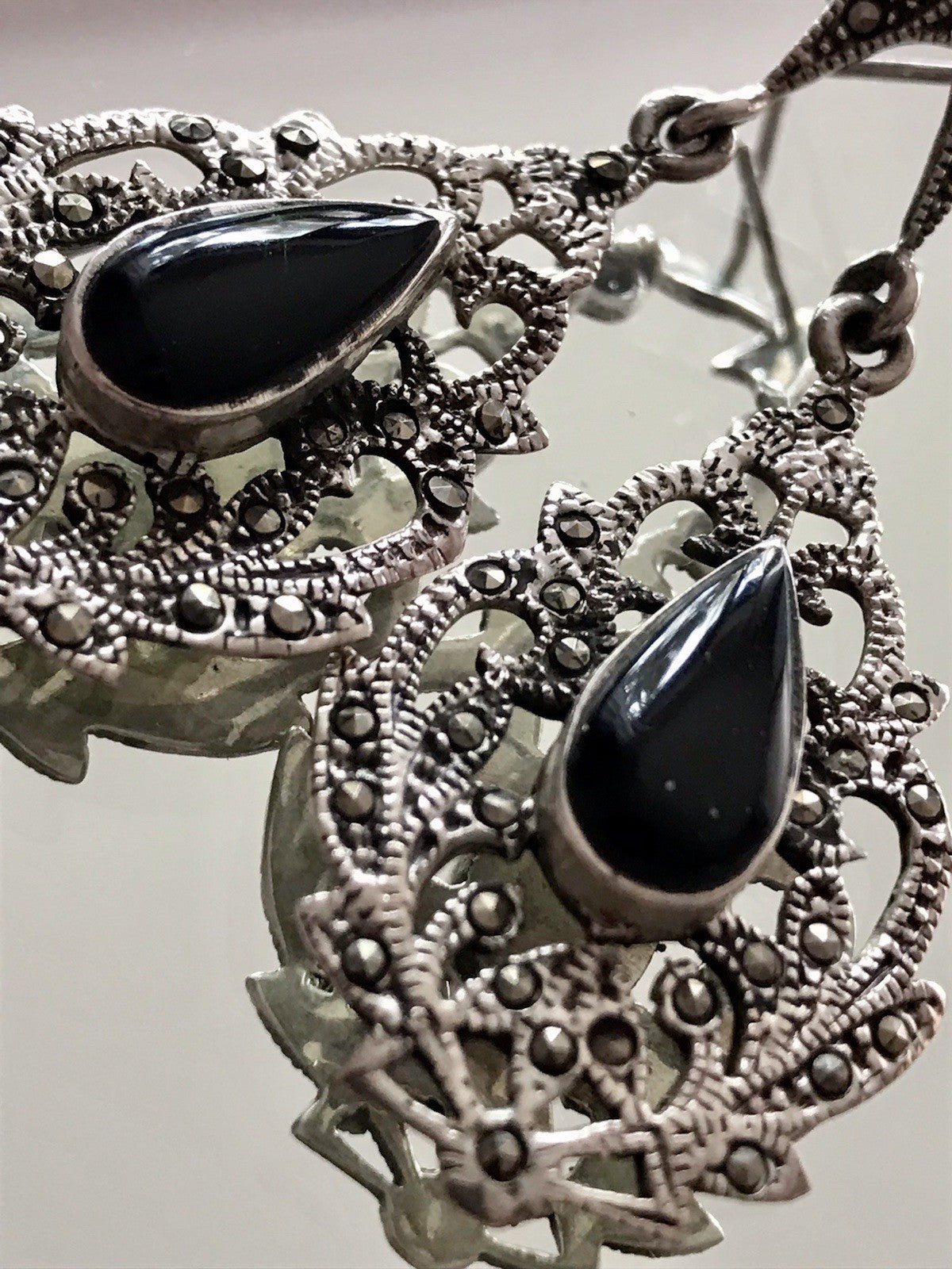 Antik Art Déco Wundervoll Ohrhänger Ohrringe DAMEN Silber 925 Onyx Markasite