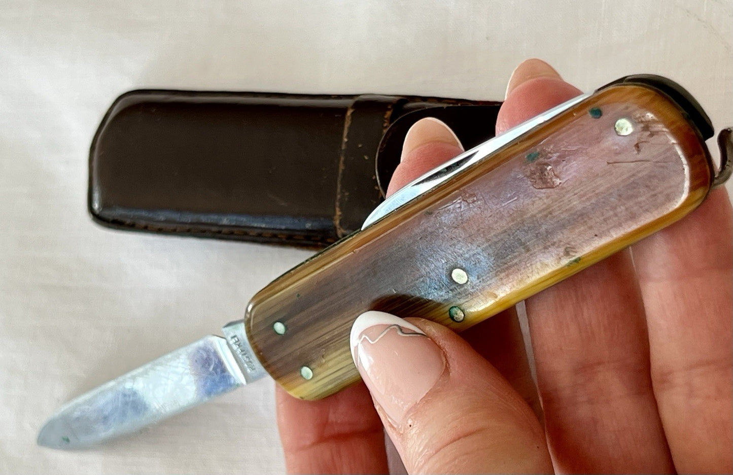 Antik Vintage Taschenmesser Klappmesser Jagdmesser Max Flus Remscheid Lederetui