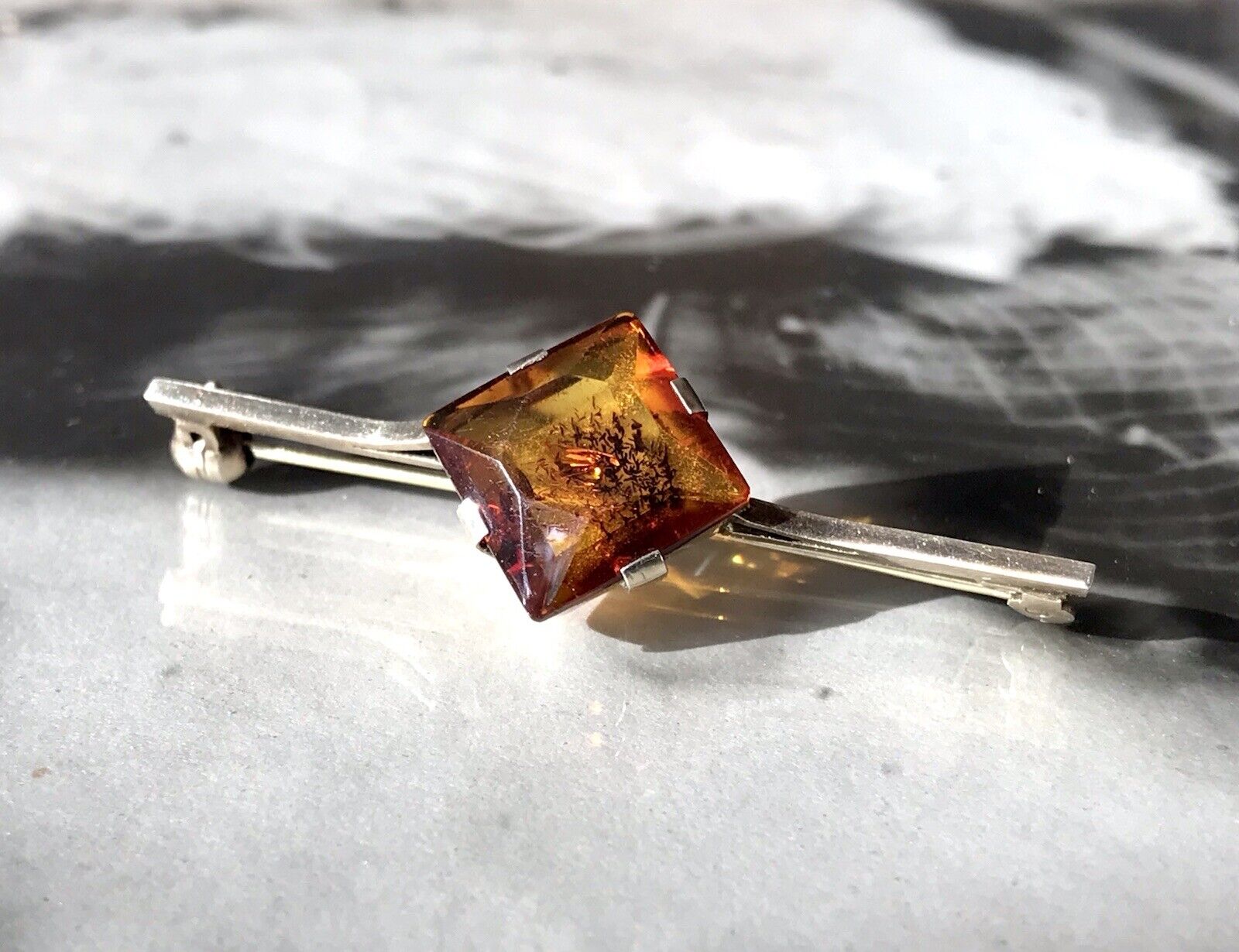 Antik Art Déco Edel Stabbrosche Silber 925 Bernstein vergoldet Brosche