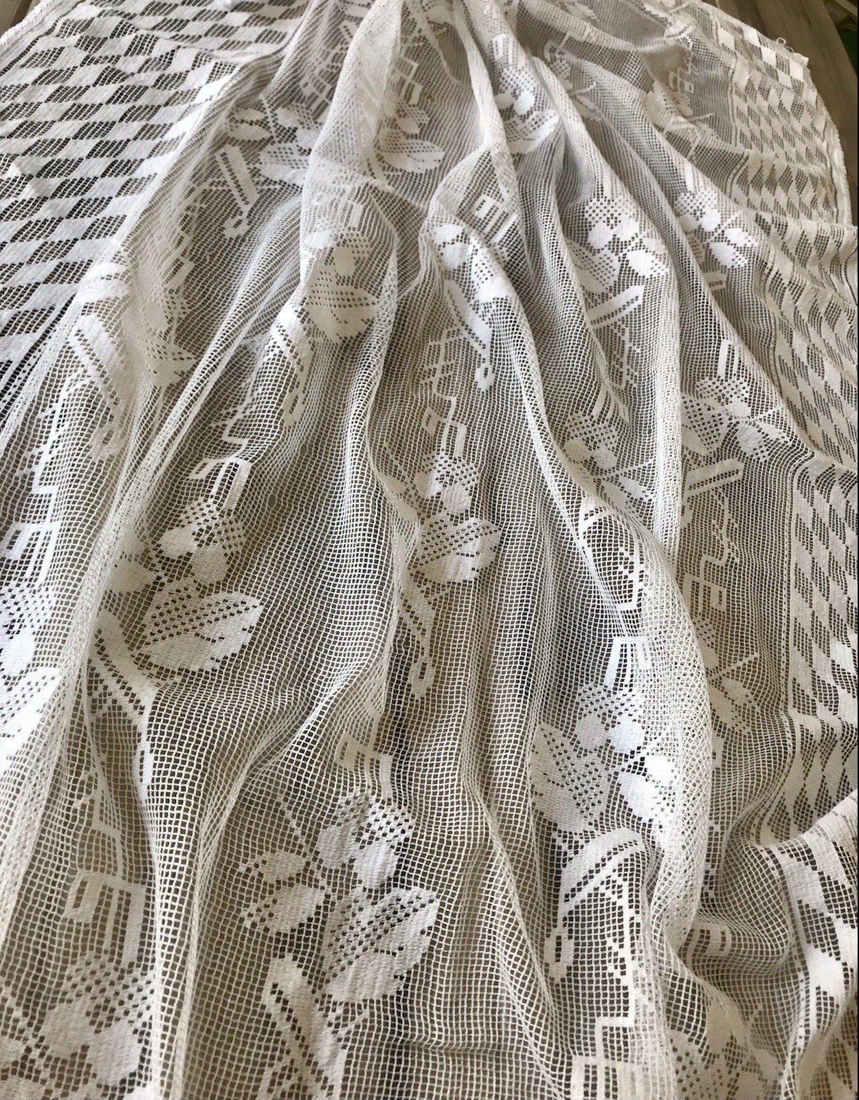 Antik Art Déco Fenster Gardine Vorhang Baumwolle Filetspitze weiß Spitze