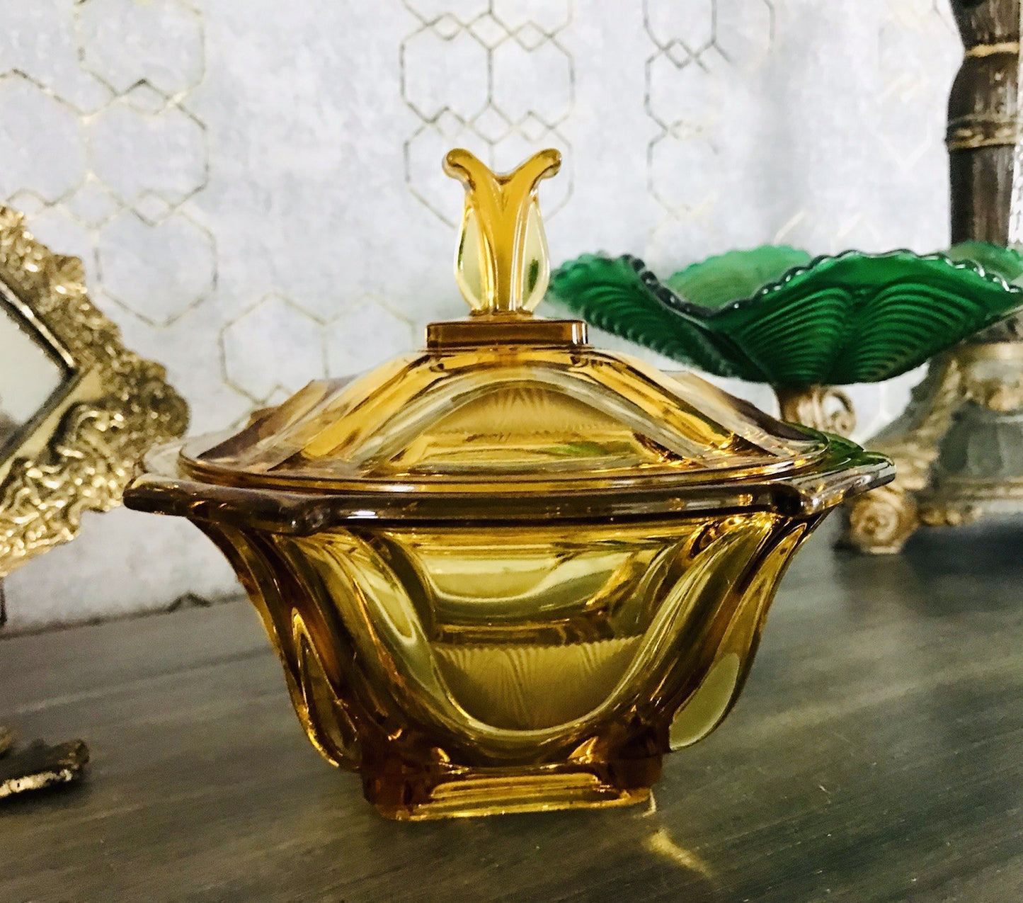 Antik Art Déco Dose Glasdose Pressglas Bernstein Gelb Amber