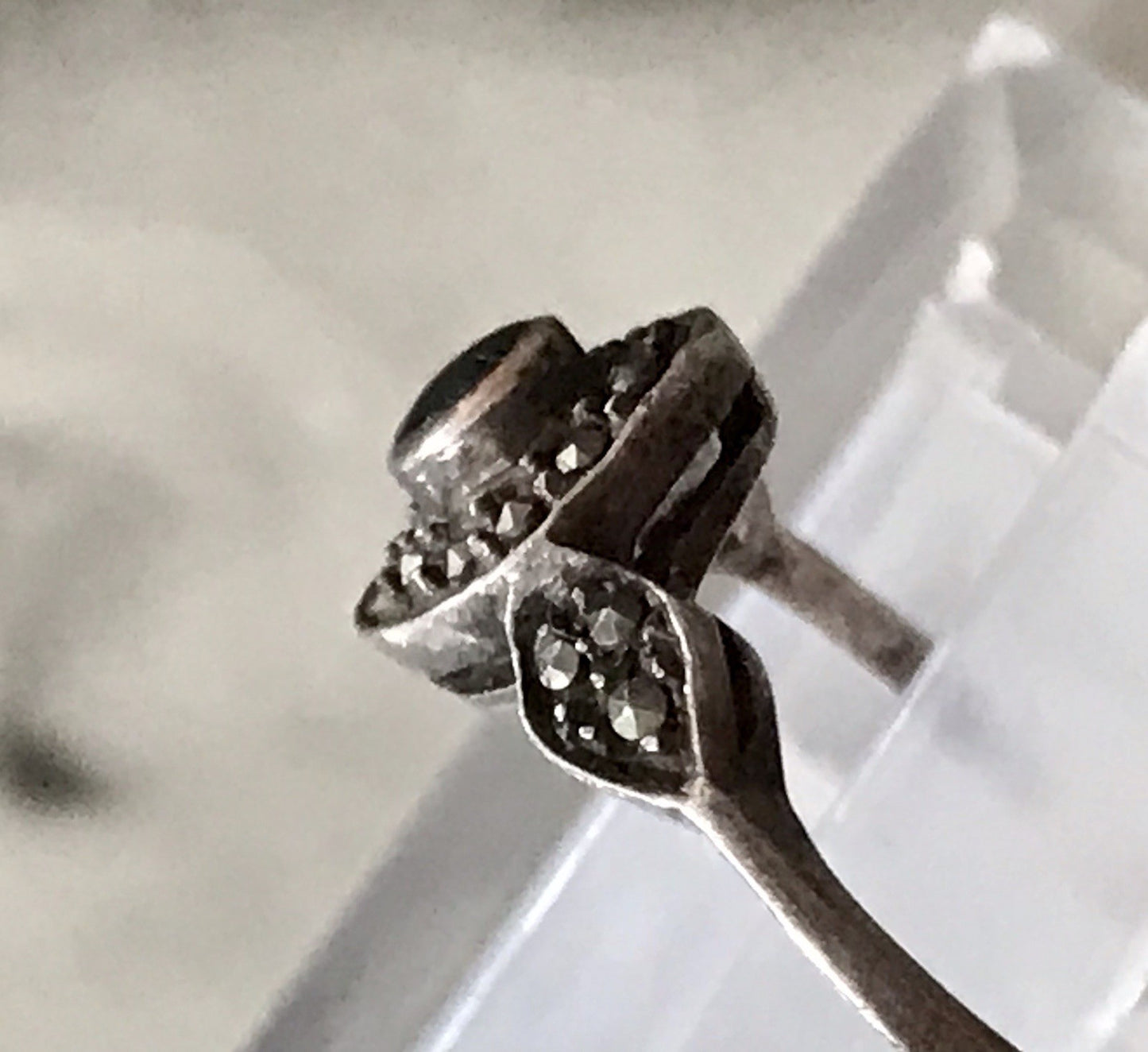 Antik Art Déco Edel Onyx Markasite DAMEN RING Silber 925 Gr.51 16,2