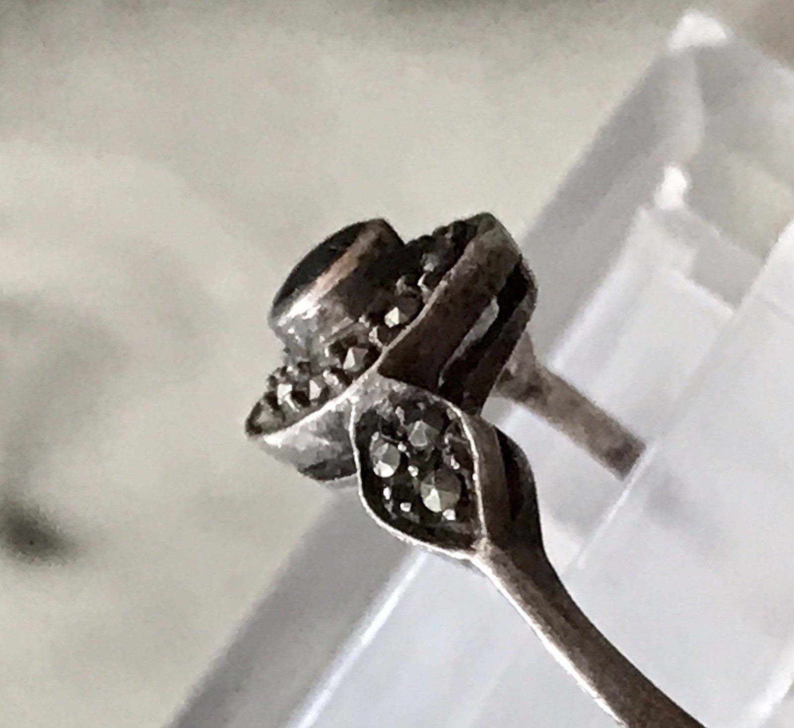 Antik Art Déco Edel Onyx Markasite DAMEN RING Silber 925 Gr.51 16,2