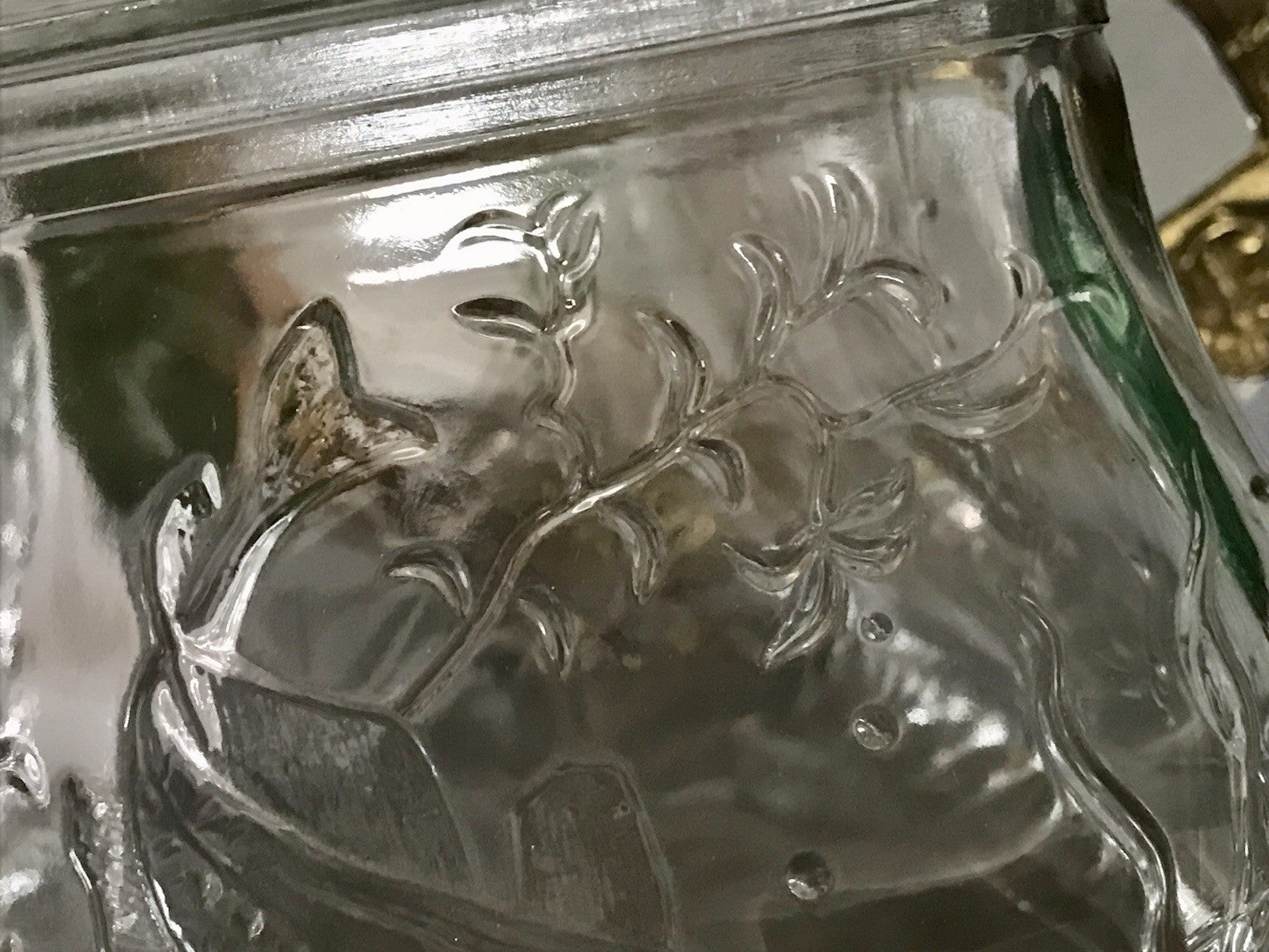 Antik Art Déco Deckeldose Dose Glasdose Pressglas Haribo Lakritze Fischmuster