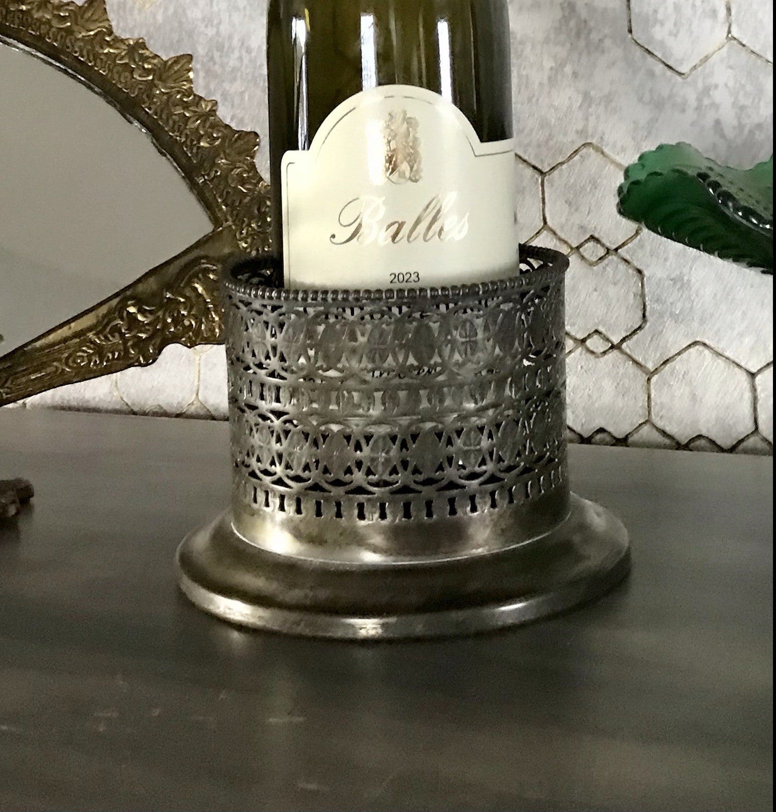 Antik Flaschenhalter Weinflaschenhalter versilbert Jugendstil wunderschön