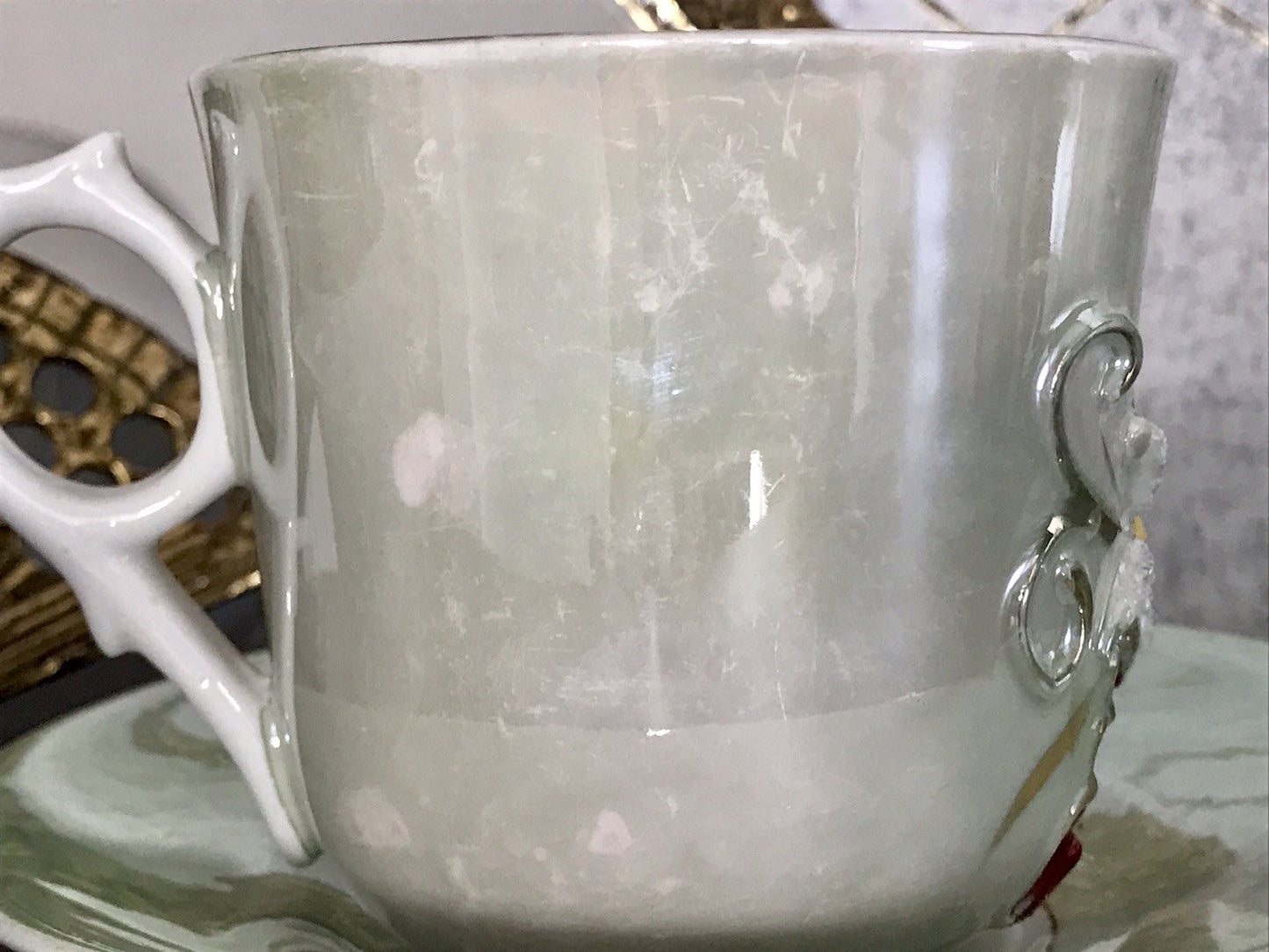Antik Rosenhäferl Porzellan Andenken Tasse Zum Andenken Stucktasse grün rosa