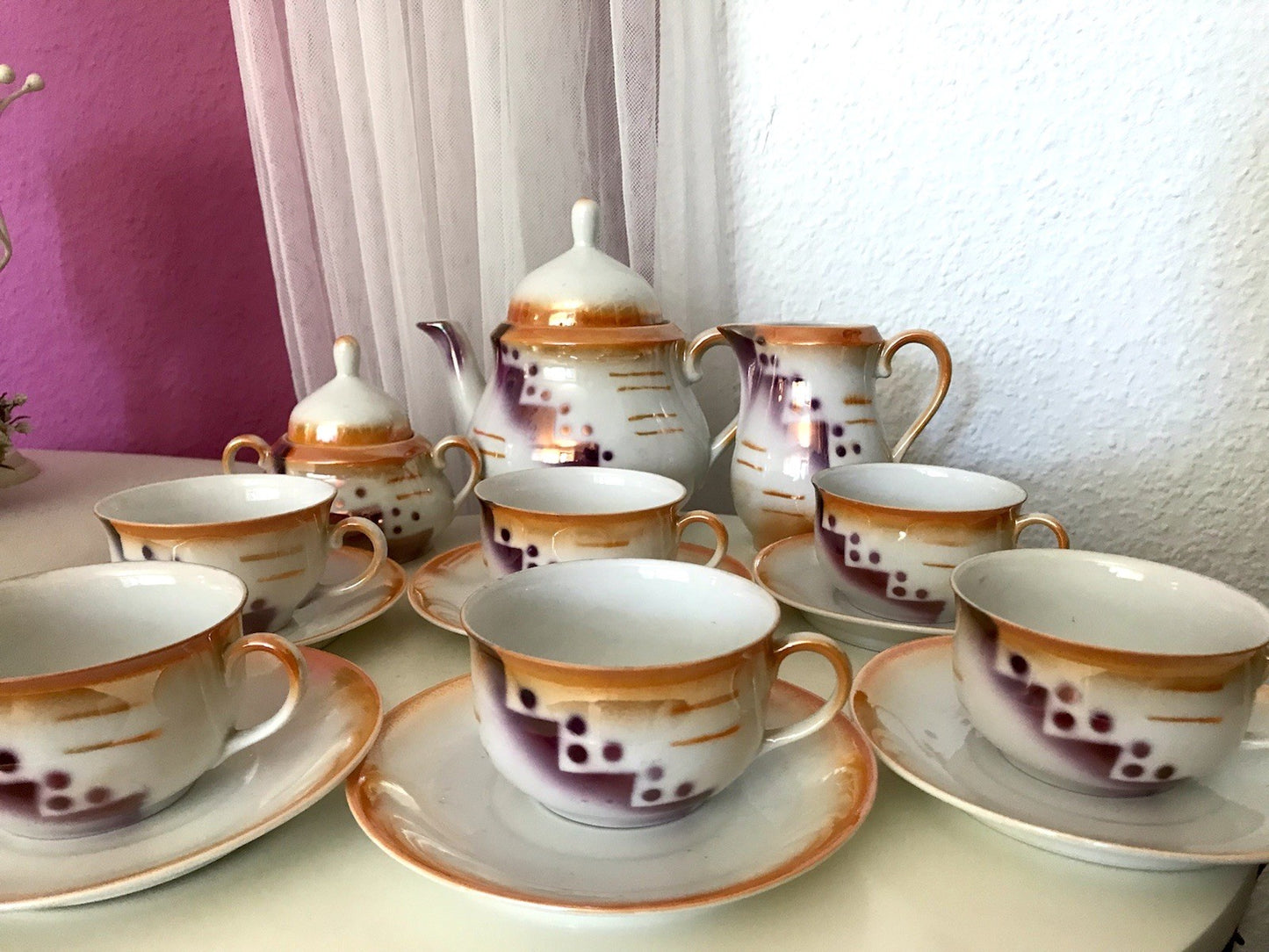 Antik Art Déco Porzellan Kaffeeservice Spritzdekor Teeservice 6 Pers.