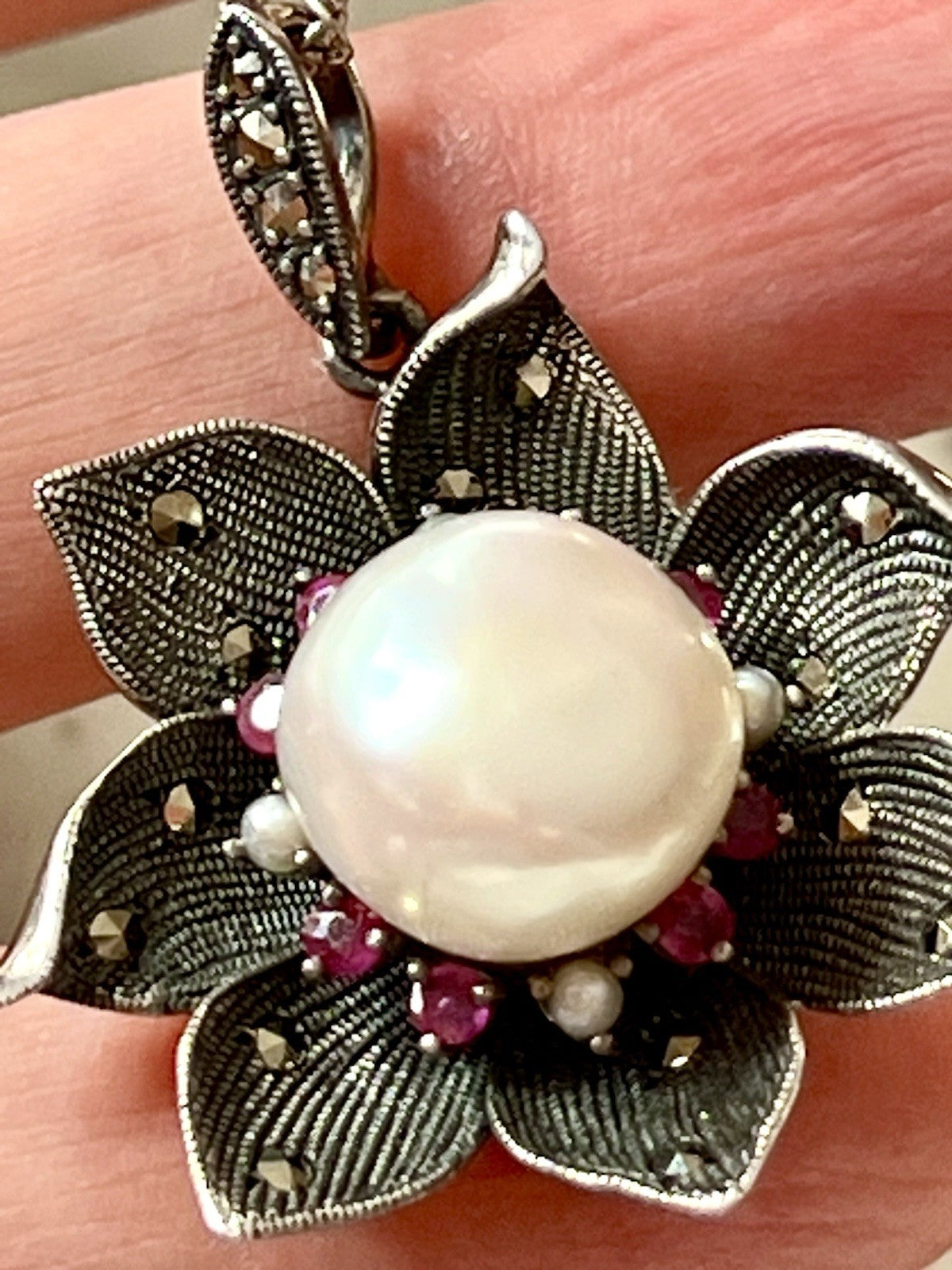 GROß rund Kettenanhänger Anhänger 925 Silber Perle Rubine Markasite Orchidee
