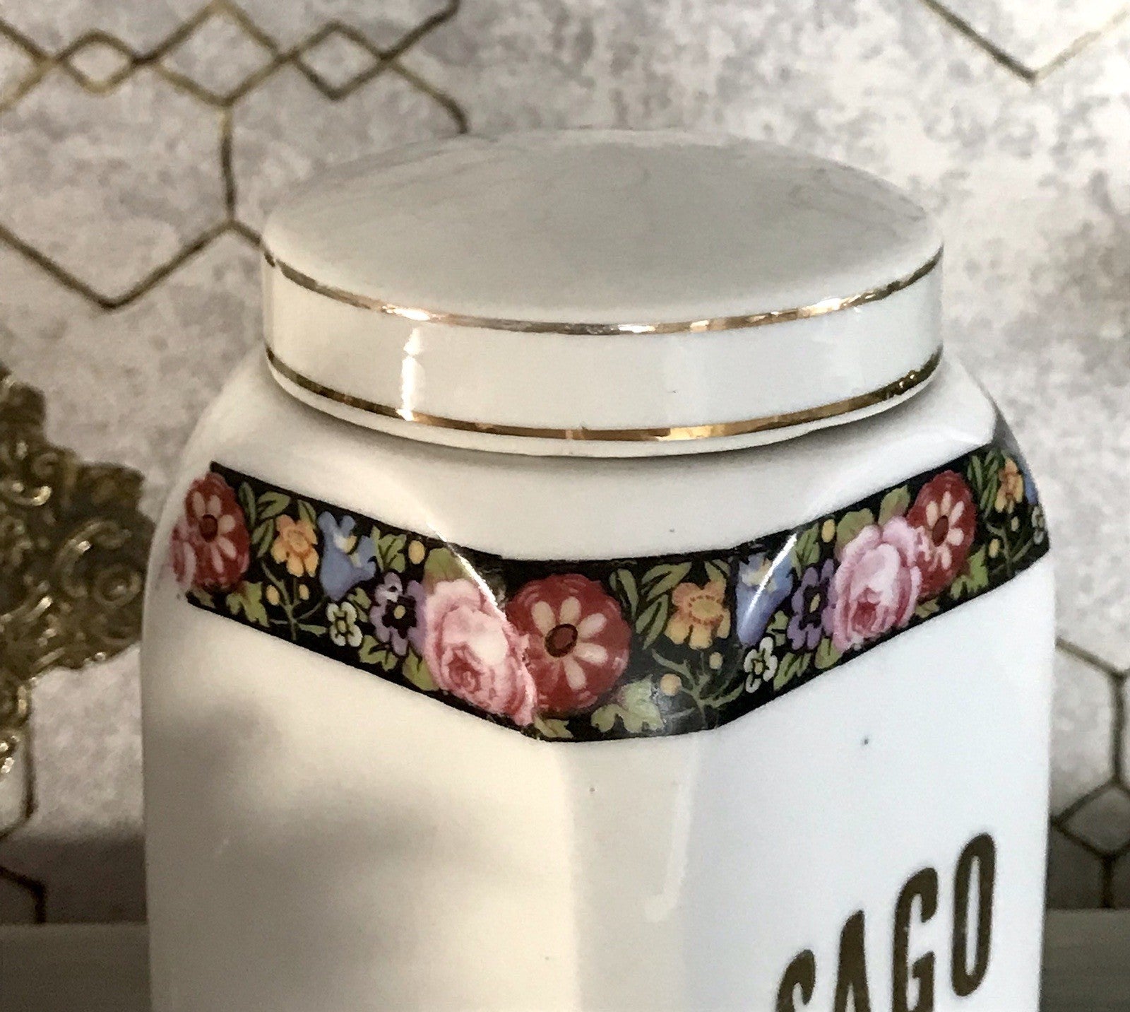 Antik Porzellan Dose Vorratsgefäß Vorratsdose Sago Blumenborte Art Déco