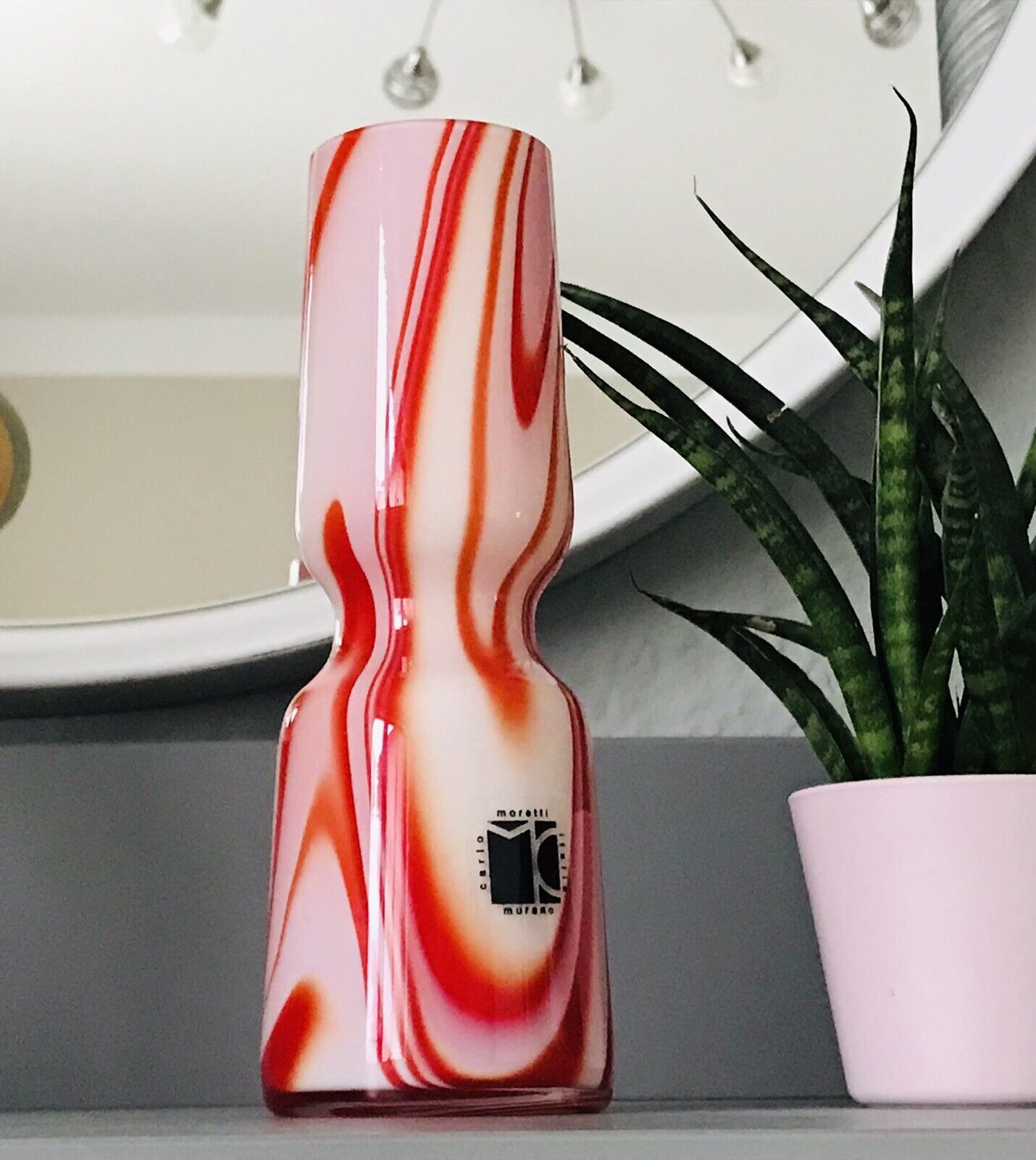 Carlo Moretti Vintage  Vase Murano Glasvase rot weiß