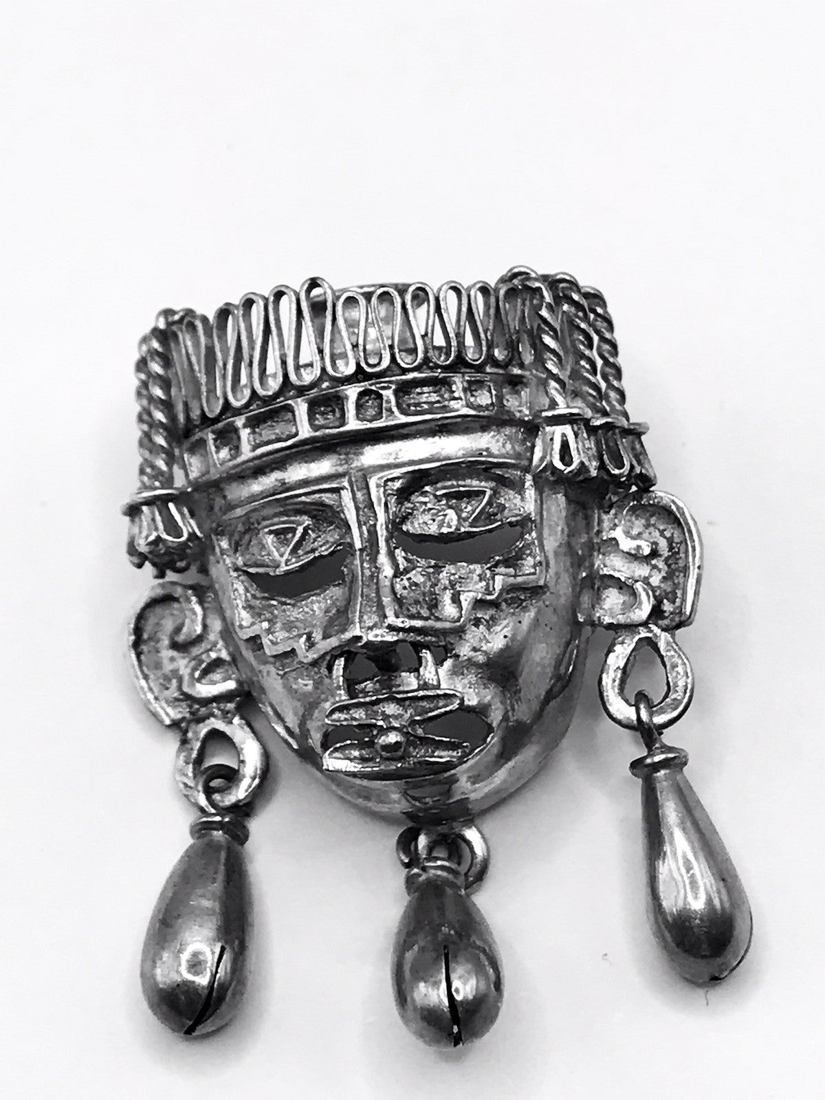Vintage Azteken Kopf Ethno Maya 2in1 Anhänger Kettenanhänger Brosche 925 Silber