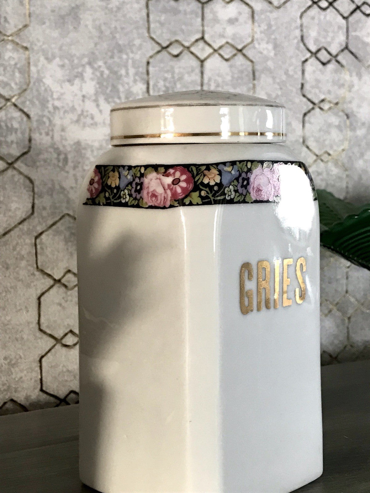 Antik Porzellan Dose Vorratsgefäß Vorratsdose Gries Blumenborte Art Déco