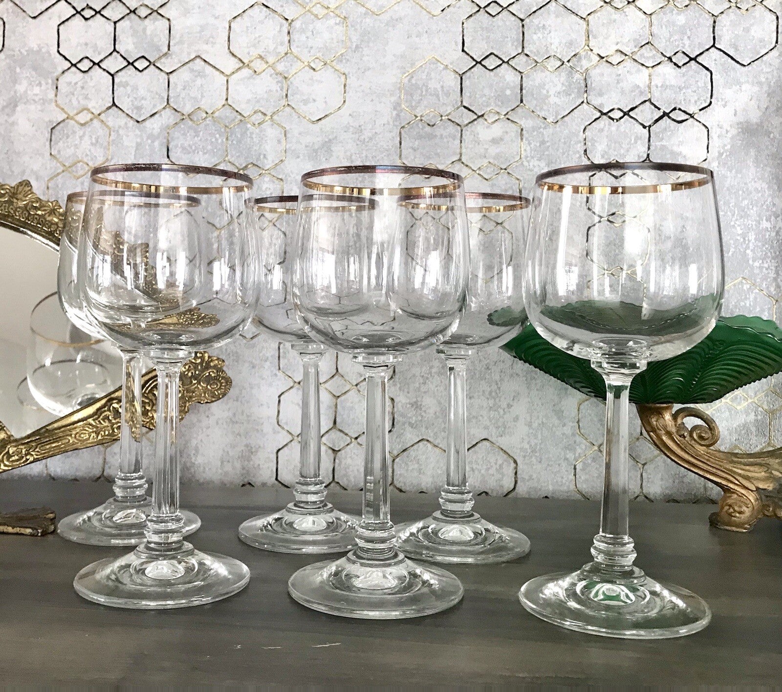 Art Déco Stil 6 Gläser Weingläser Rotweingläser Glas Goldrand Lausitzer