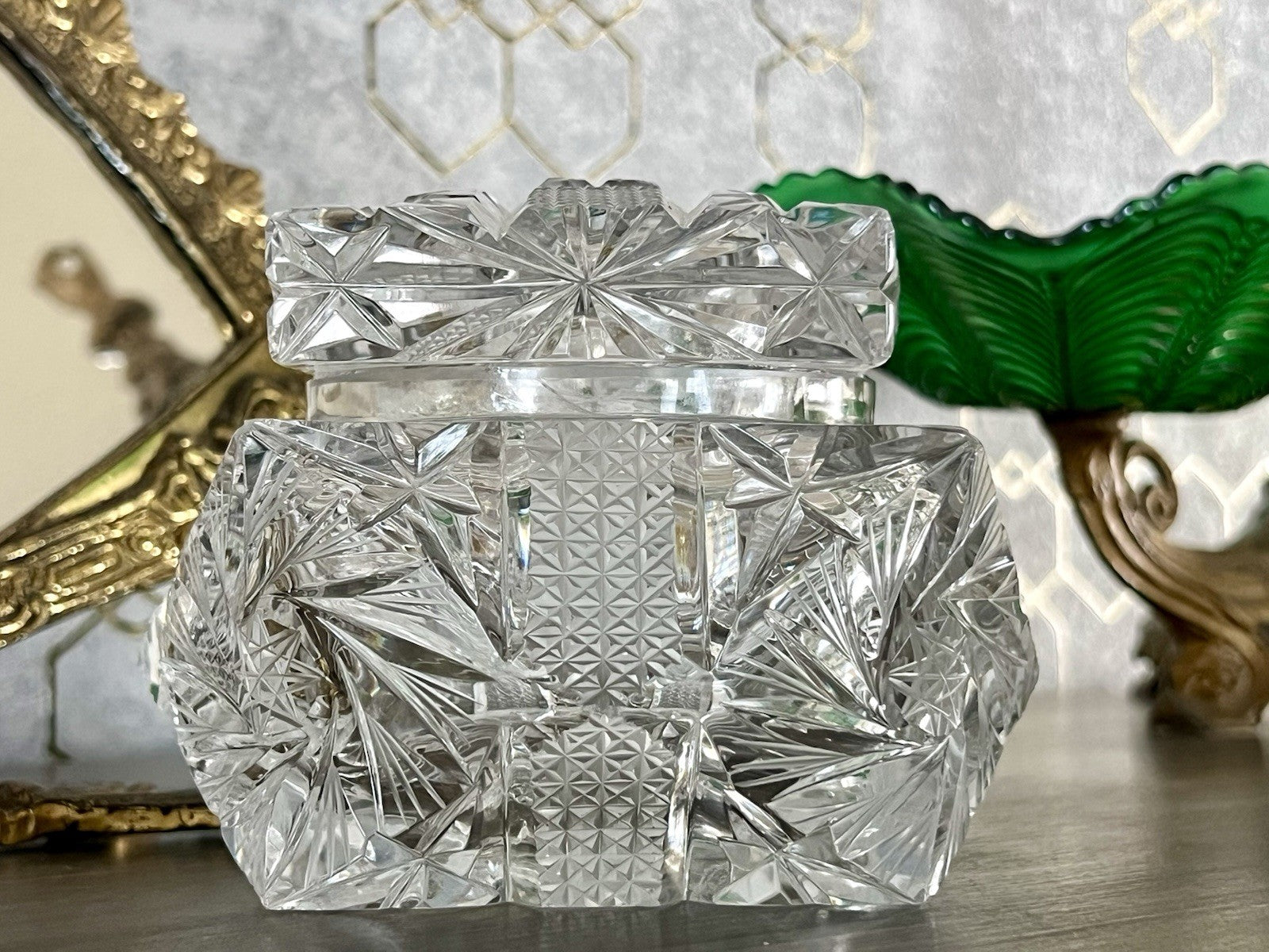 Antik Vintage Art Deco EDEL Glasdose Deckeldose Schatulle Kristallglas Schliff