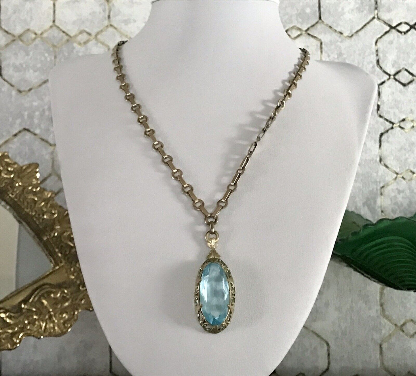 Antik Jugendstil Collier Halskette blauer Stein Anhänger Amerik. Doublè  A. Daub