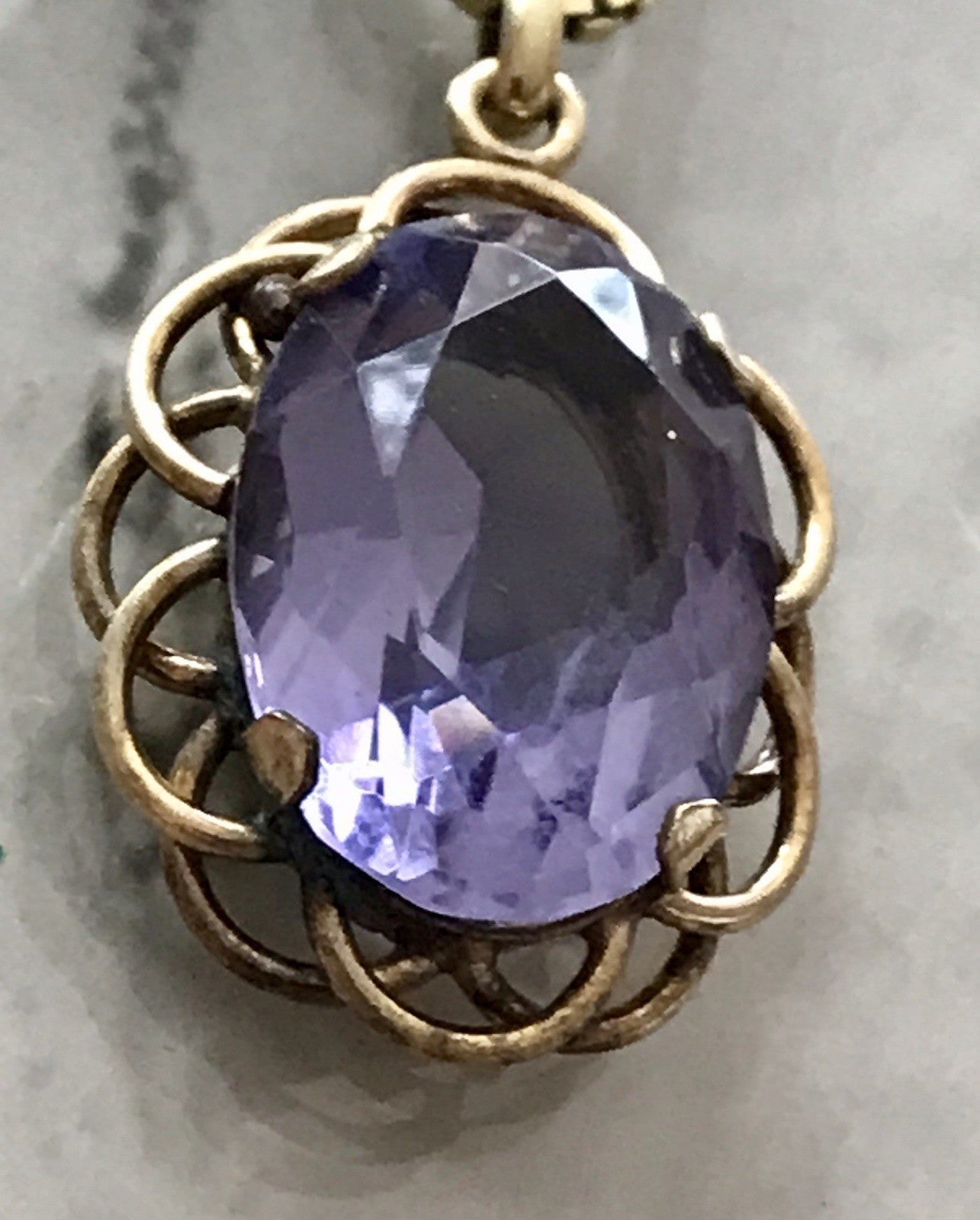 Alt Vintage Edel Kette & Anhänger lila Stein Amethyst? vergoldet Amerik. Doublè