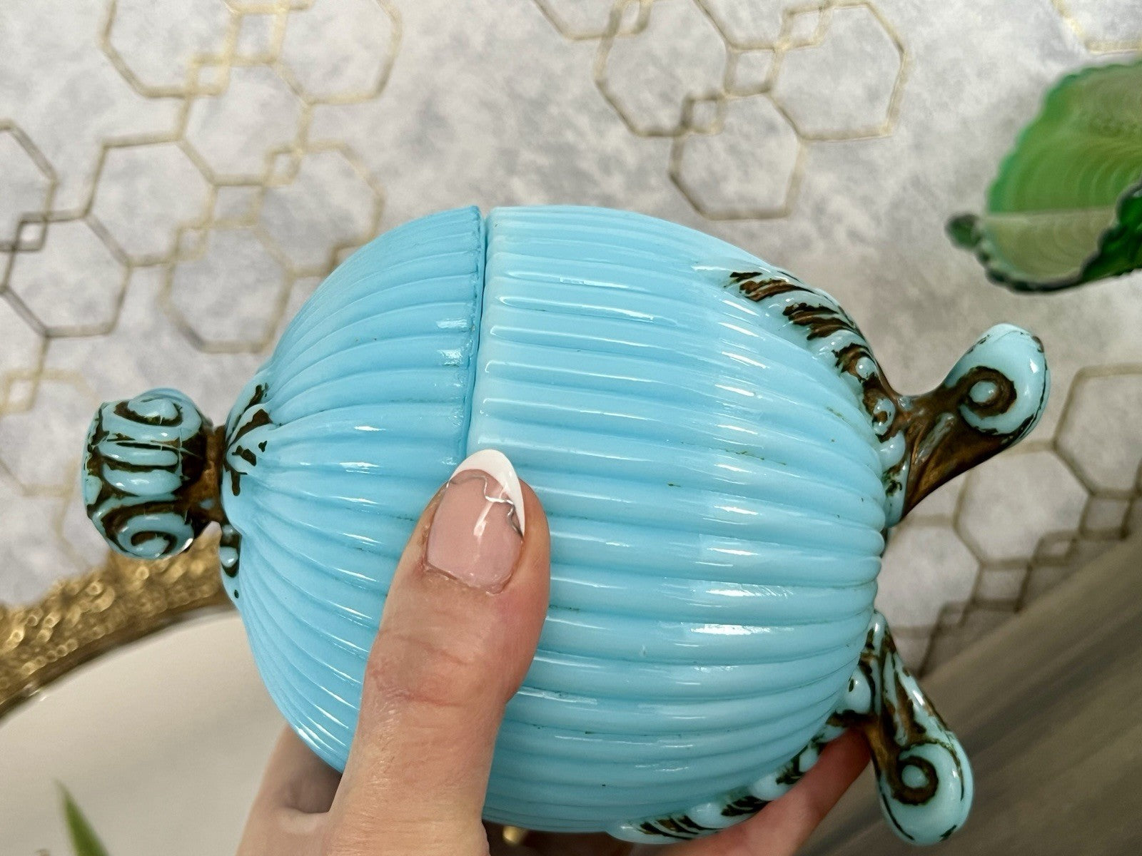 Antik Jugendstil Glasdose Kugel Dose Opalglas Deckeldose blau Pressglas SCHÖN!