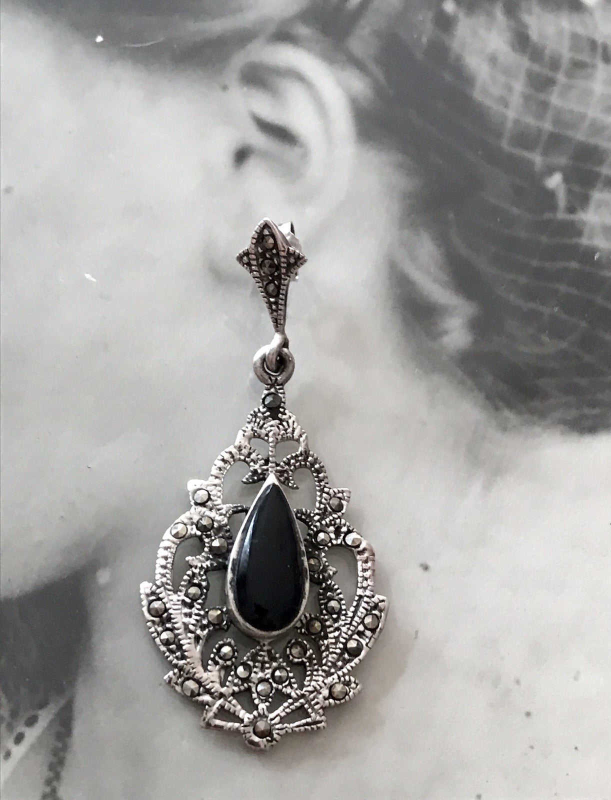 Antik Art Déco Wundervoll Ohrhänger Ohrringe DAMEN Silber 925 Onyx Markasite