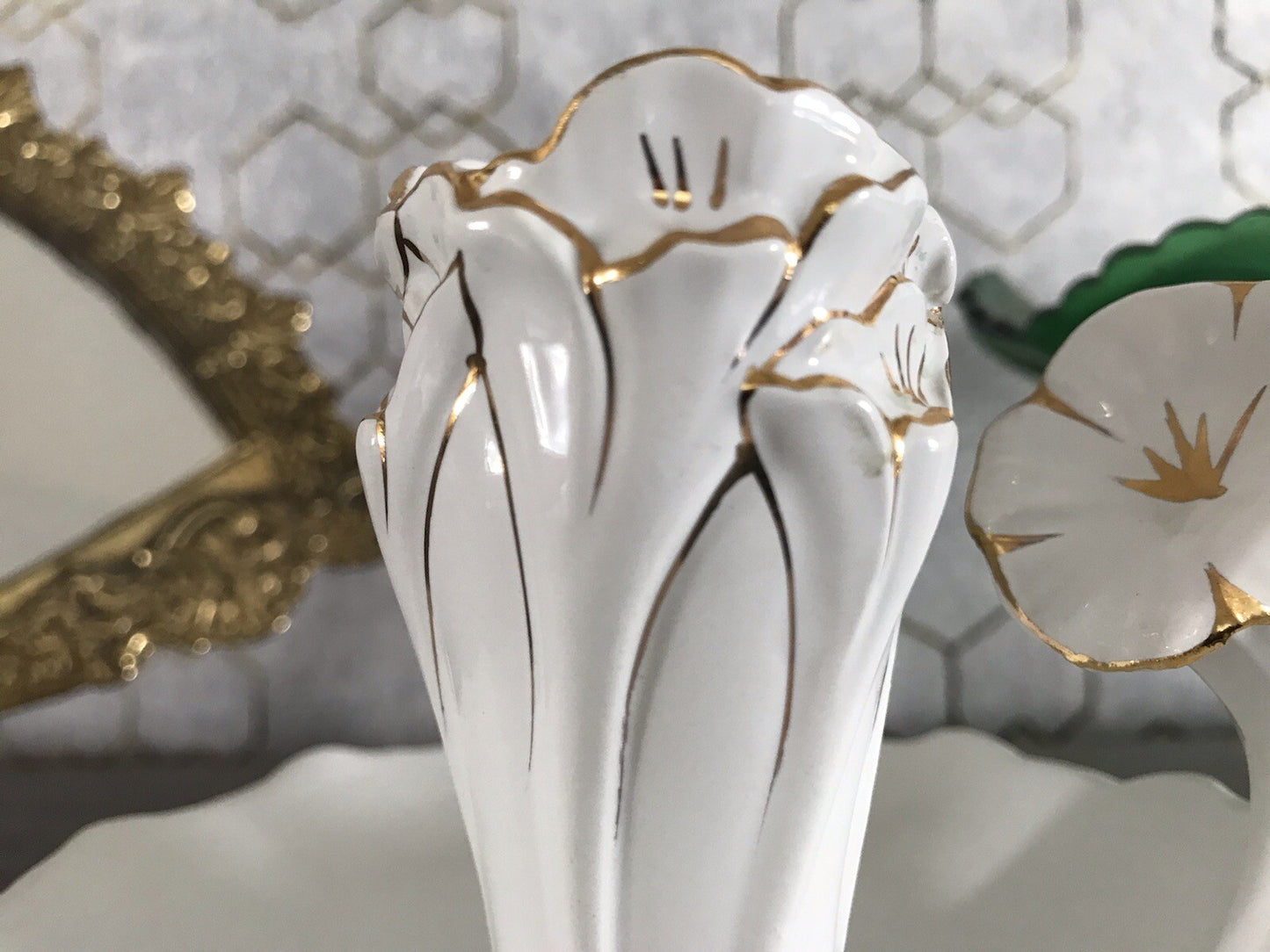 Antik reines Jugendstil Porzellan Kammerleuchter Leuchter weiß gold Libelle