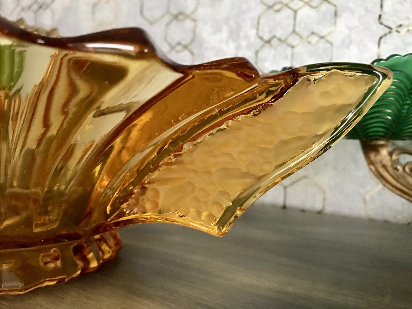 Antik Art Déco gelb Pressglas Schale Glas Brockwitz Prismen Fruchtschale 1941