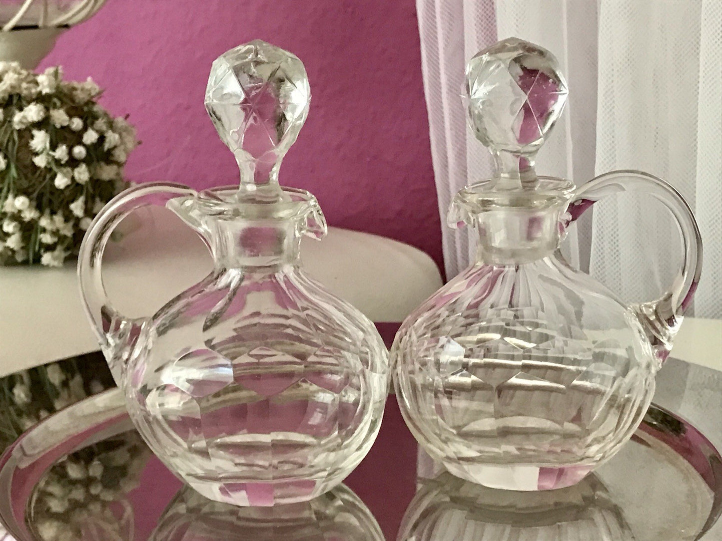 Antik 2x Kristallglas Essig&Öl Karaffe Glas Schliff Oliven Stopfen