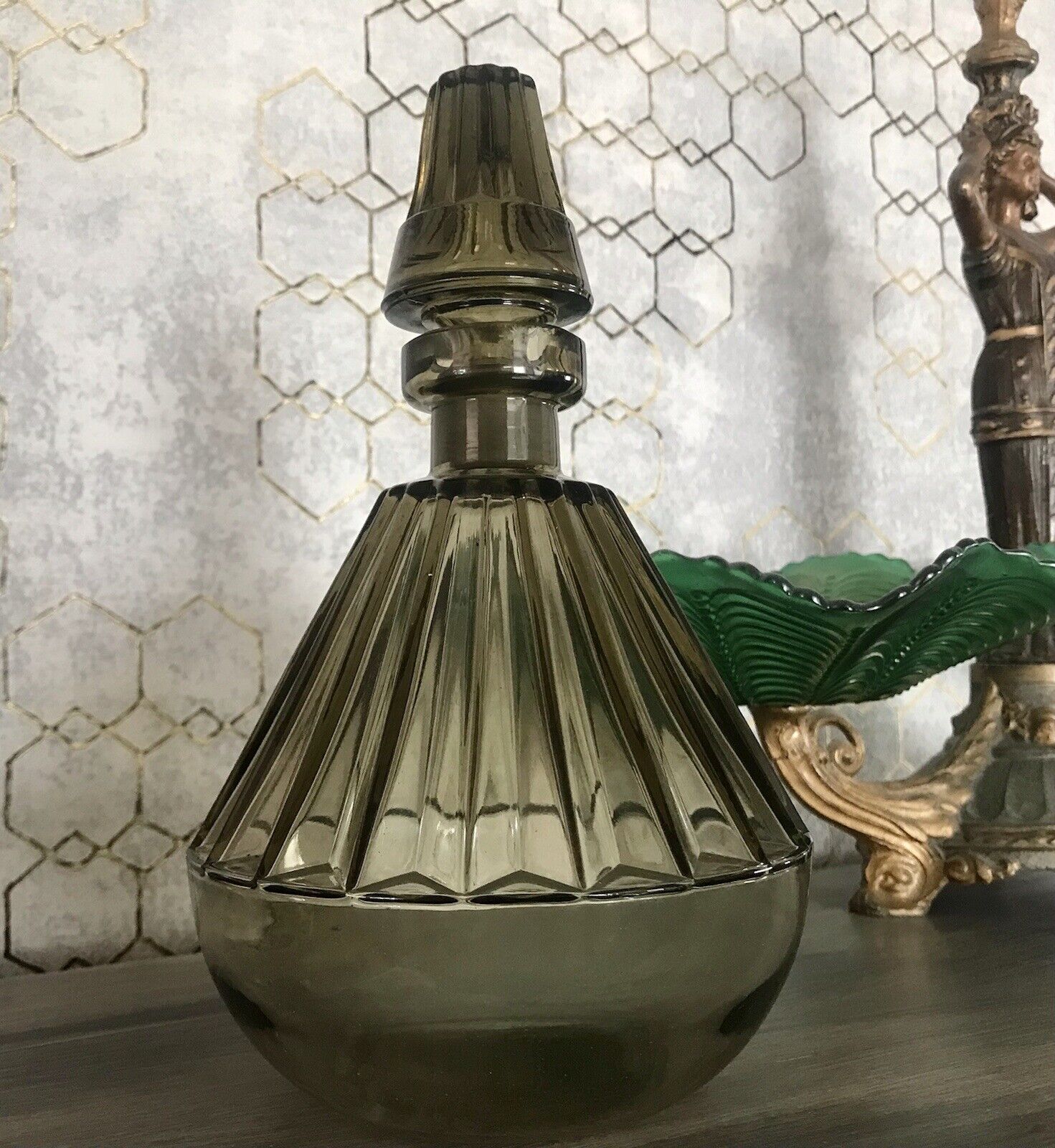 Antik Art Déco Bauhaus Glas Karaffe Dekanter Rauchglas wundervoll