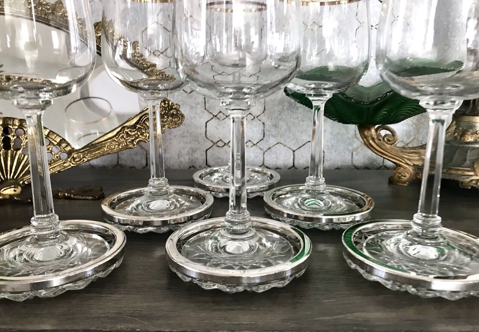 Vintage 6x Untersetzer für Weingläser Glas Kristallglas Bleikristall versilbert