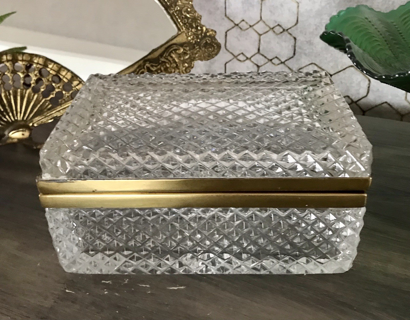 Antik Art Dèco Vintage EDEL Schatulle Deckeldose Bleikristall groß Messingrahmen