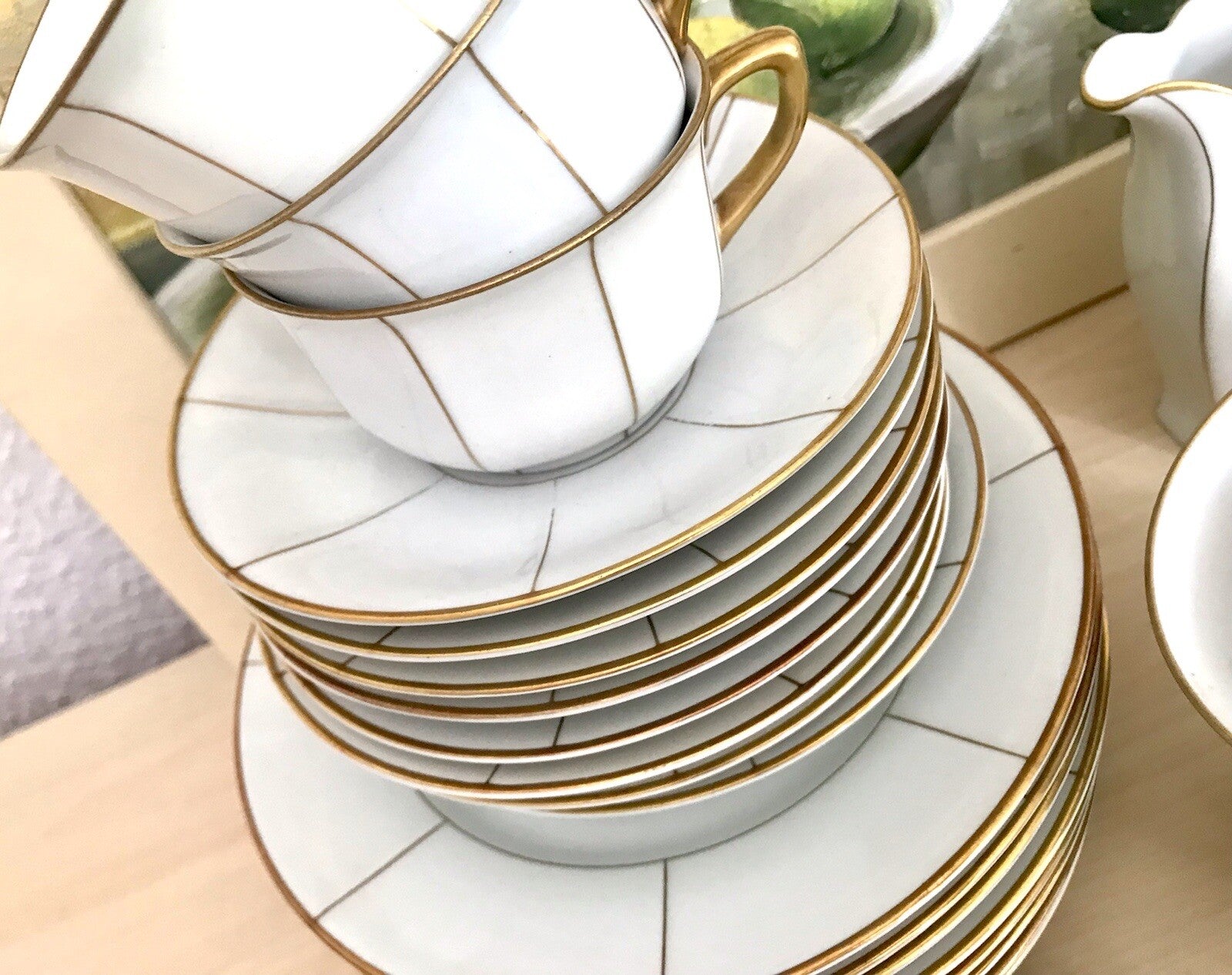 Antik Art Déco Porzellan 10+ Personen Kaffeeservice EDEL weiß Golddekor kantig